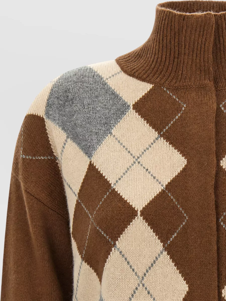 S Max Mara Cashmere Wool Argyle Jacquard Ribbed High Neck Long Sleeve Cardigan
