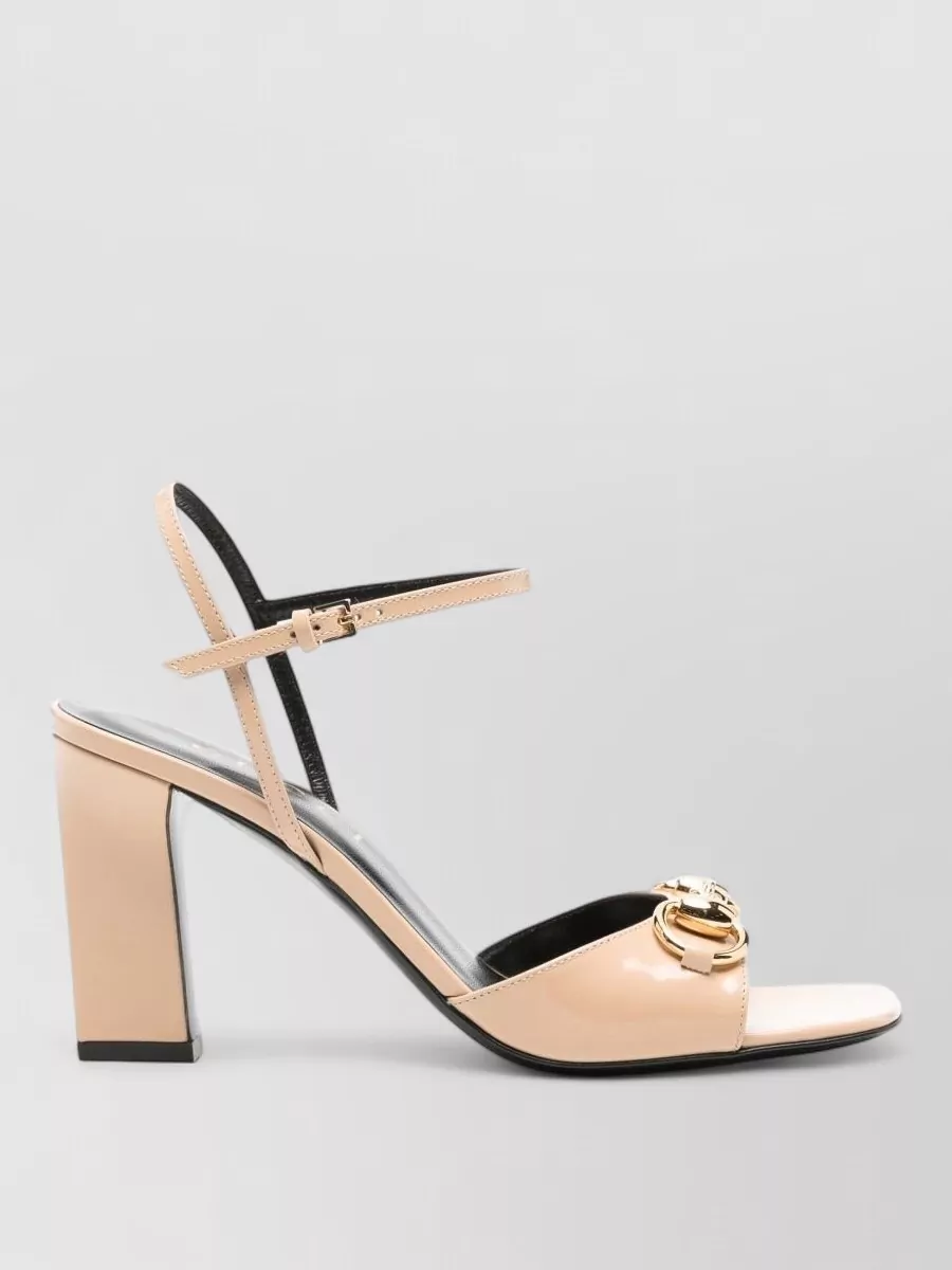 Gucci Leather Horsebit Ankle-Strap Block-Heel Sandals