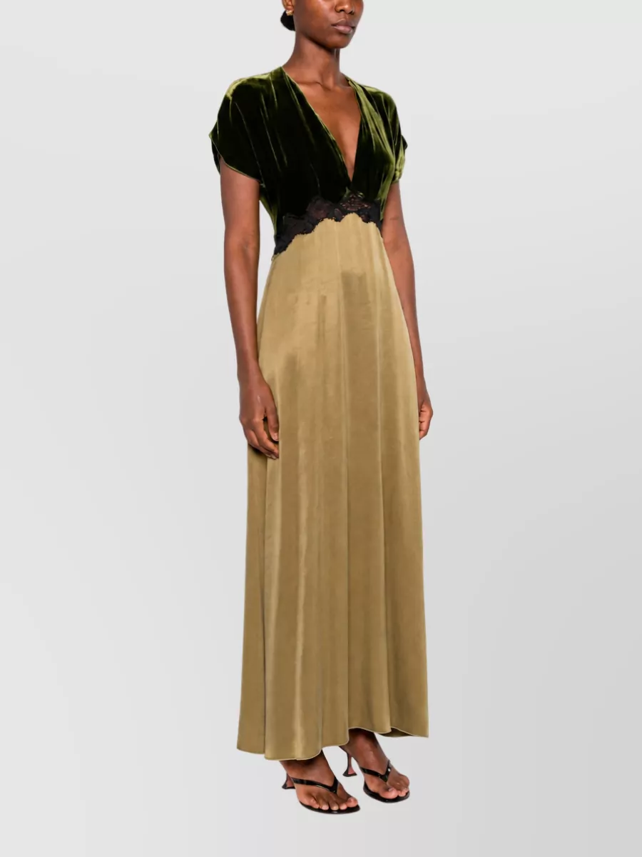 Forte Forte Velvet Lace Trim V-Neck Short-Sleeve Maxi Dress