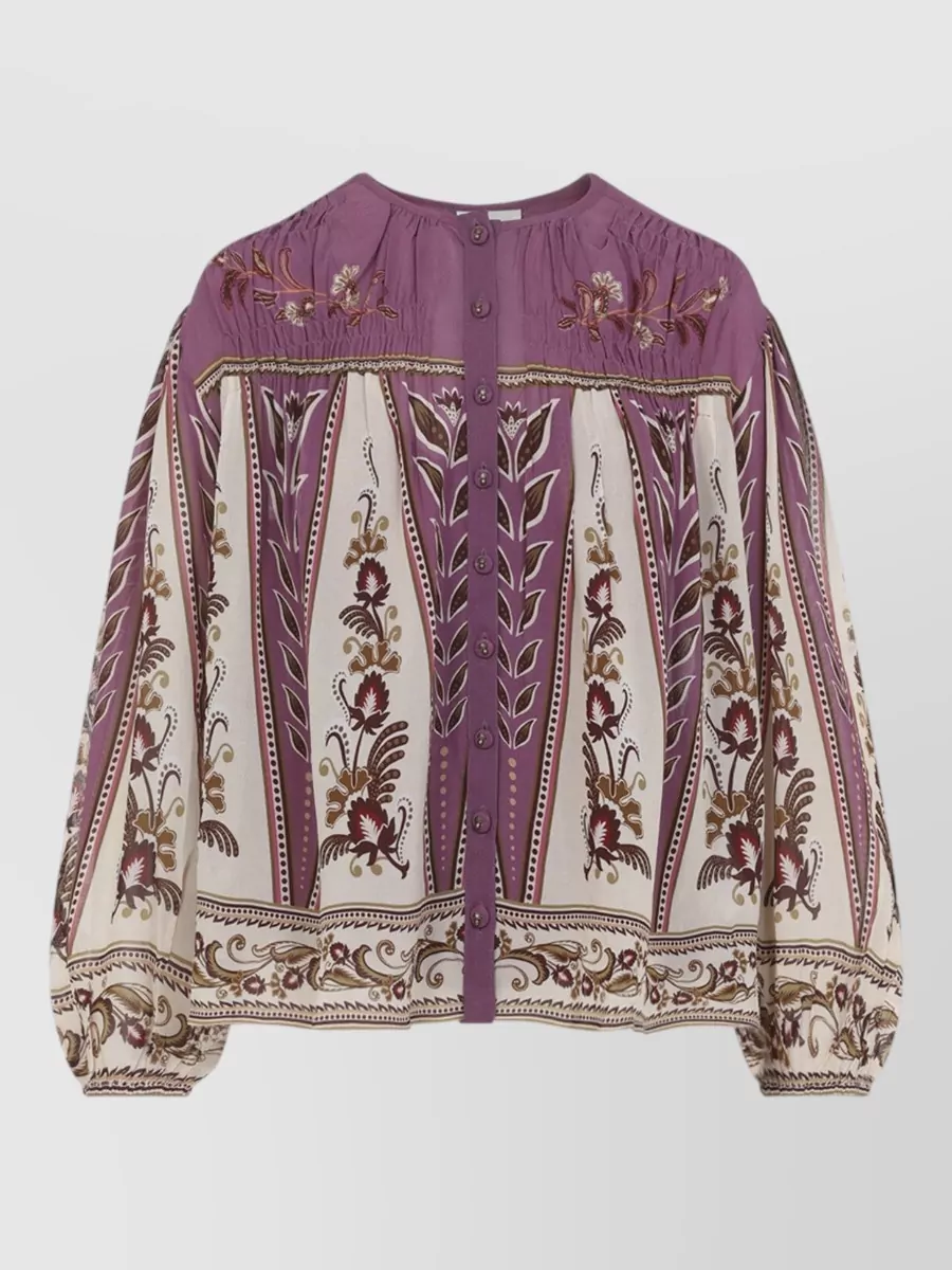Farm Rio Floral-Print Gathered Long-Sleeve Blouse