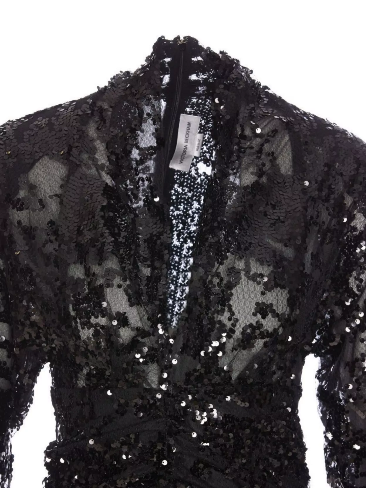 VICTORIA BECKHAM SEQUIN EMBELLISHED SHEER V-NECK MINI DRESS 