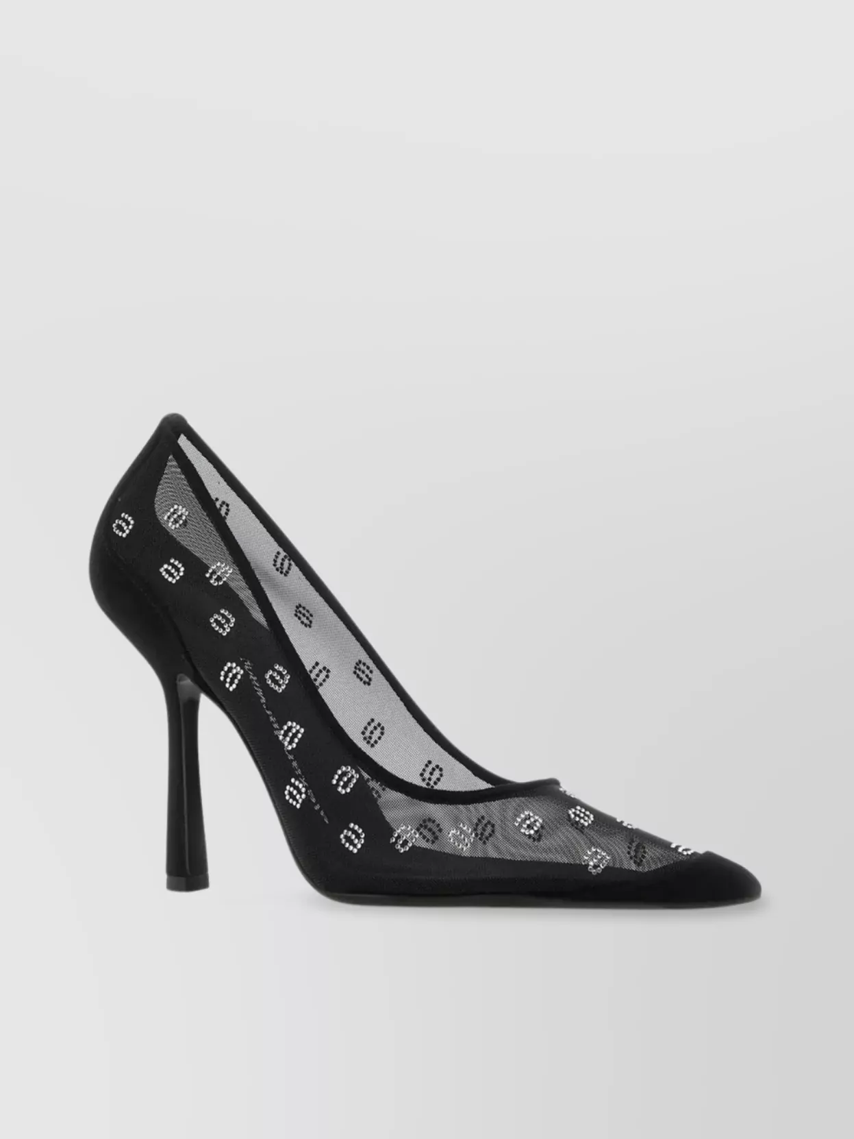 Alexander Wang Delphine mesh pumps embellished — The Alexander Wang black mesh stiletto pump mirrors the dress’s ruched, body‑hugging texture and after‑dark attitude, keeping the palette clean and adding subtle logo sparkle without overpowering it.