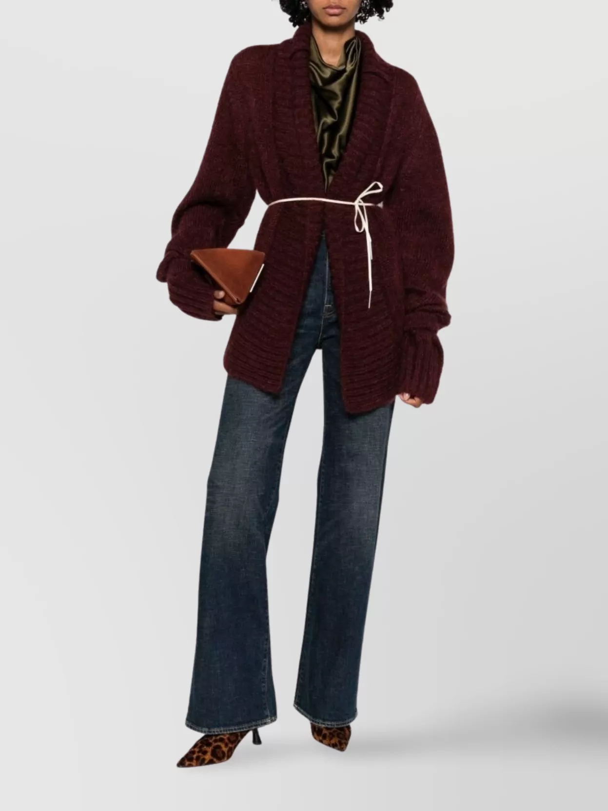Dries Van Noten Open Front Chunky Knit Cardigan With Belt In Burgundy