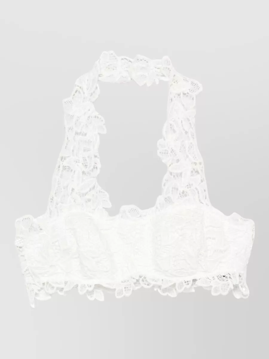 Ermanno Scervino Linen Floral Lace-Trim Halterneck Sleeveless Cropped Top