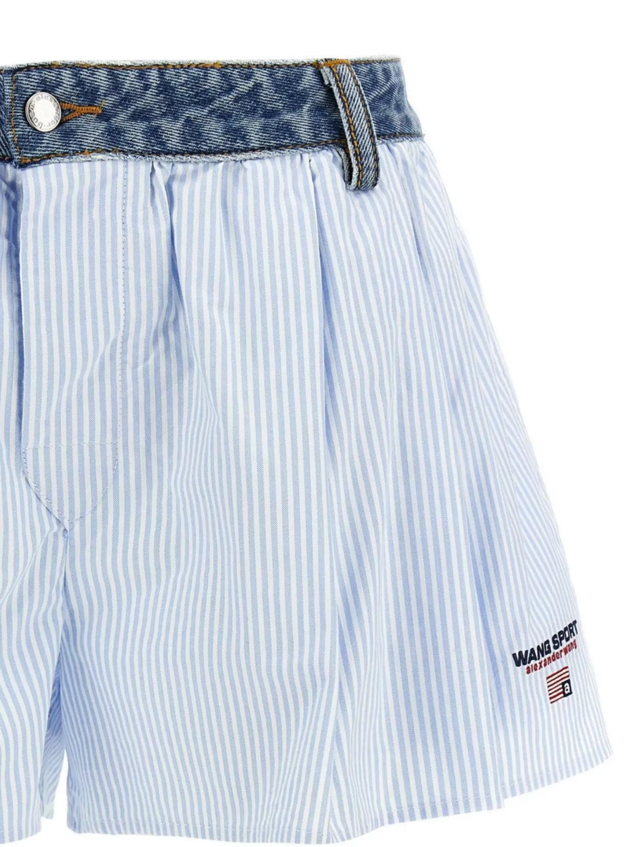Alexander Wang Pleated Striped Denim Waistband Shorts In Blue
