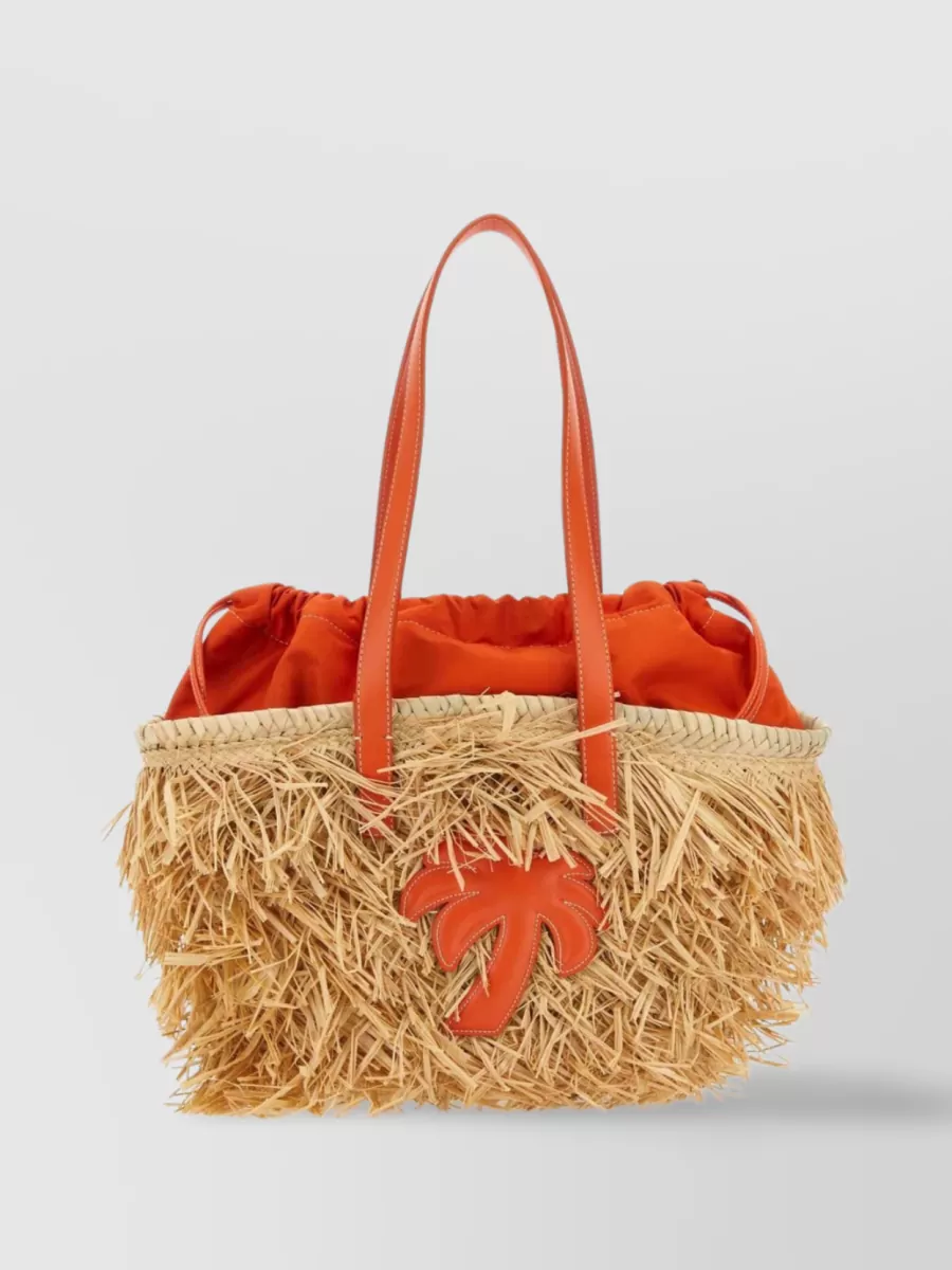 Shop Palm Angels Raffia Tote Bag With Leather Fringe In Beige