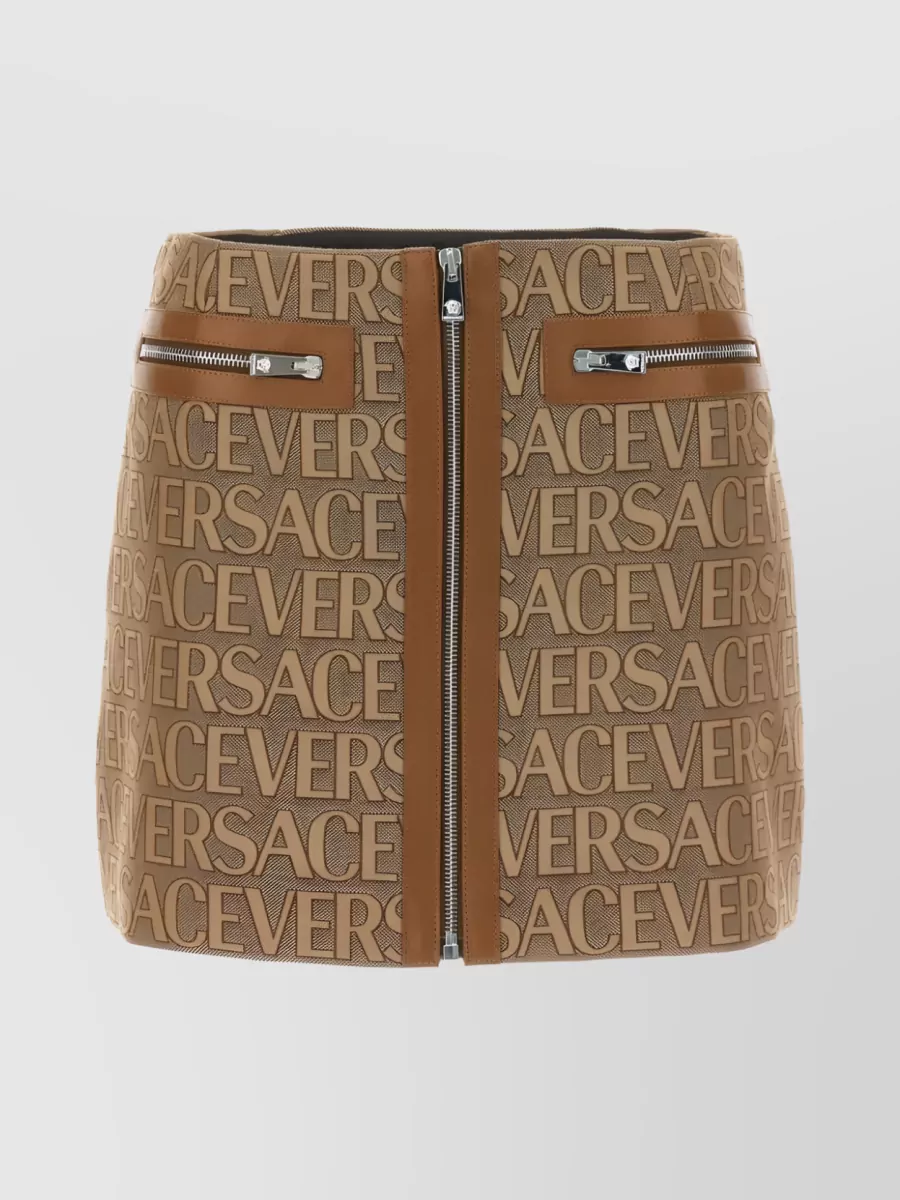 Shop Versace Allover Logo Trim Mini Skirt In Brown