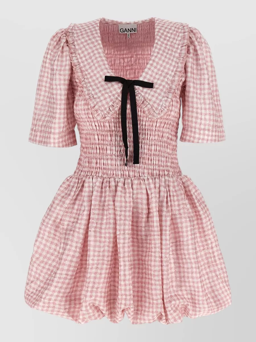 Ganni Textured Checked V-Neck Short-Sleeve Mini Dress