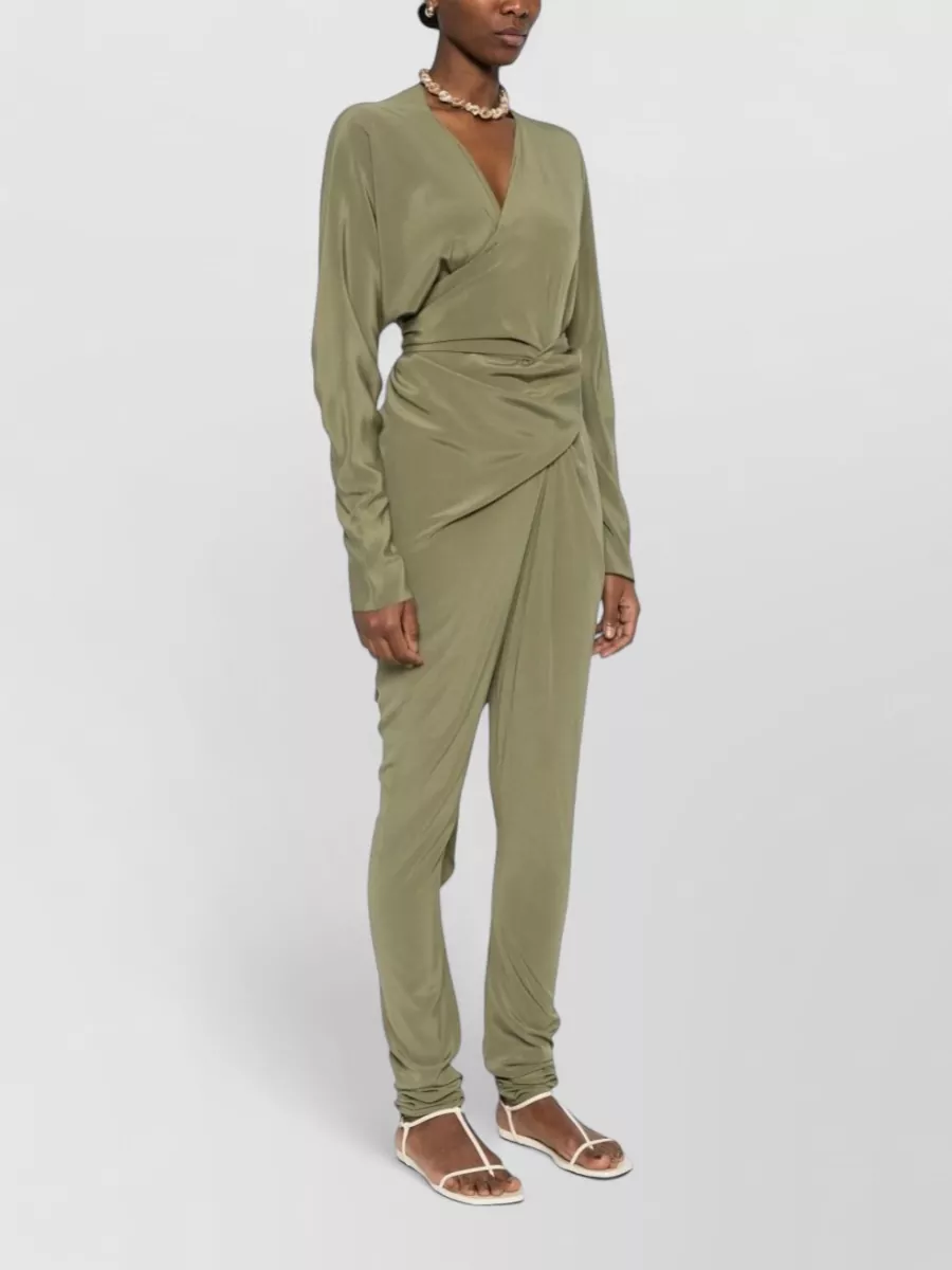 Cortana Silk Draped V-Neck Long-Sleeve Jumpsuit