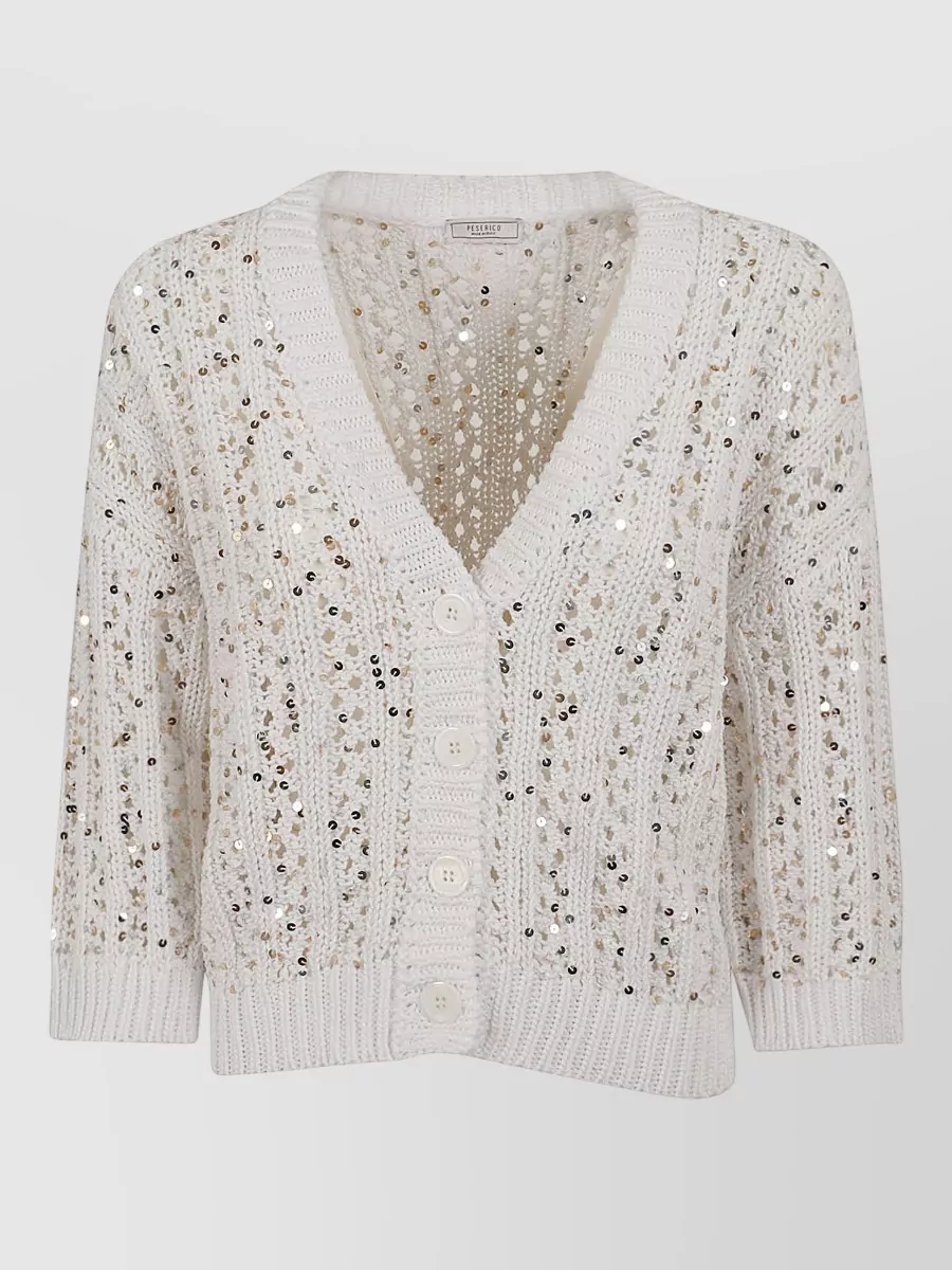 Peserico Sequined Openwork Cotton V-Neck Cardigan