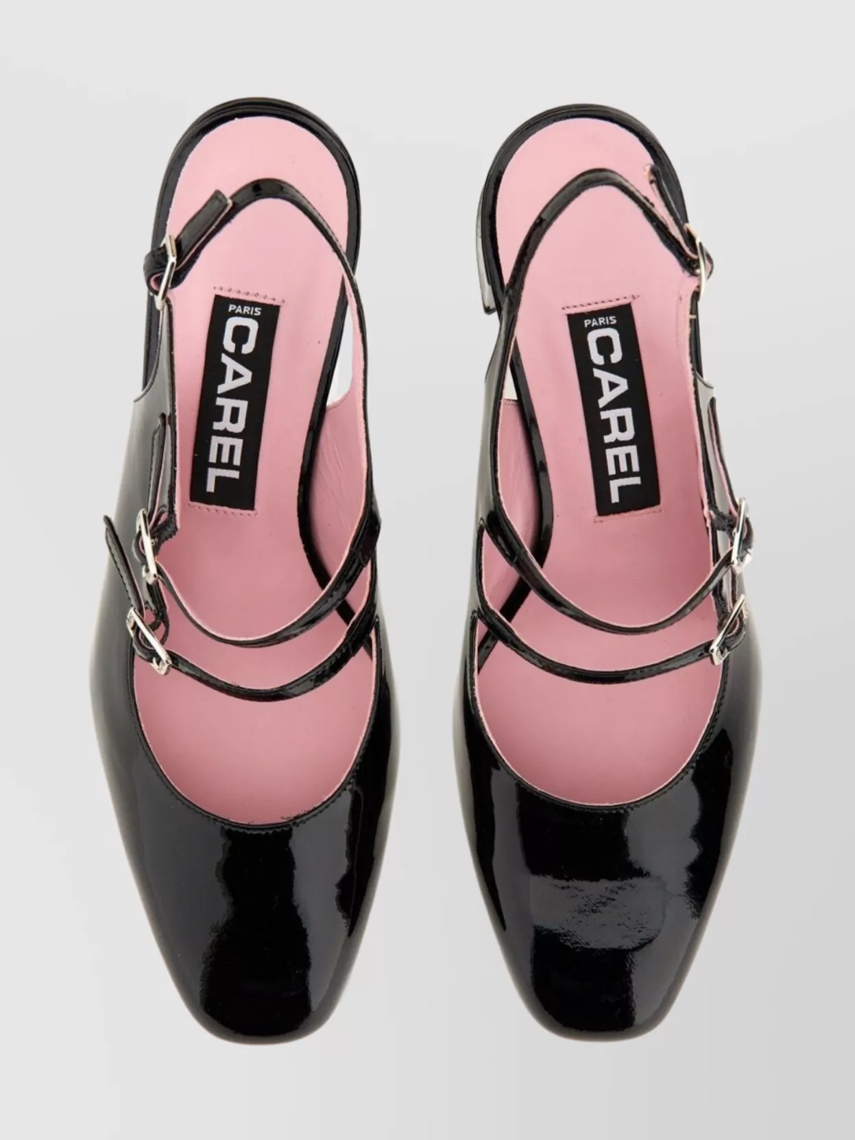 Carel Paris Block Heel Buckle Straps Patent Pumps