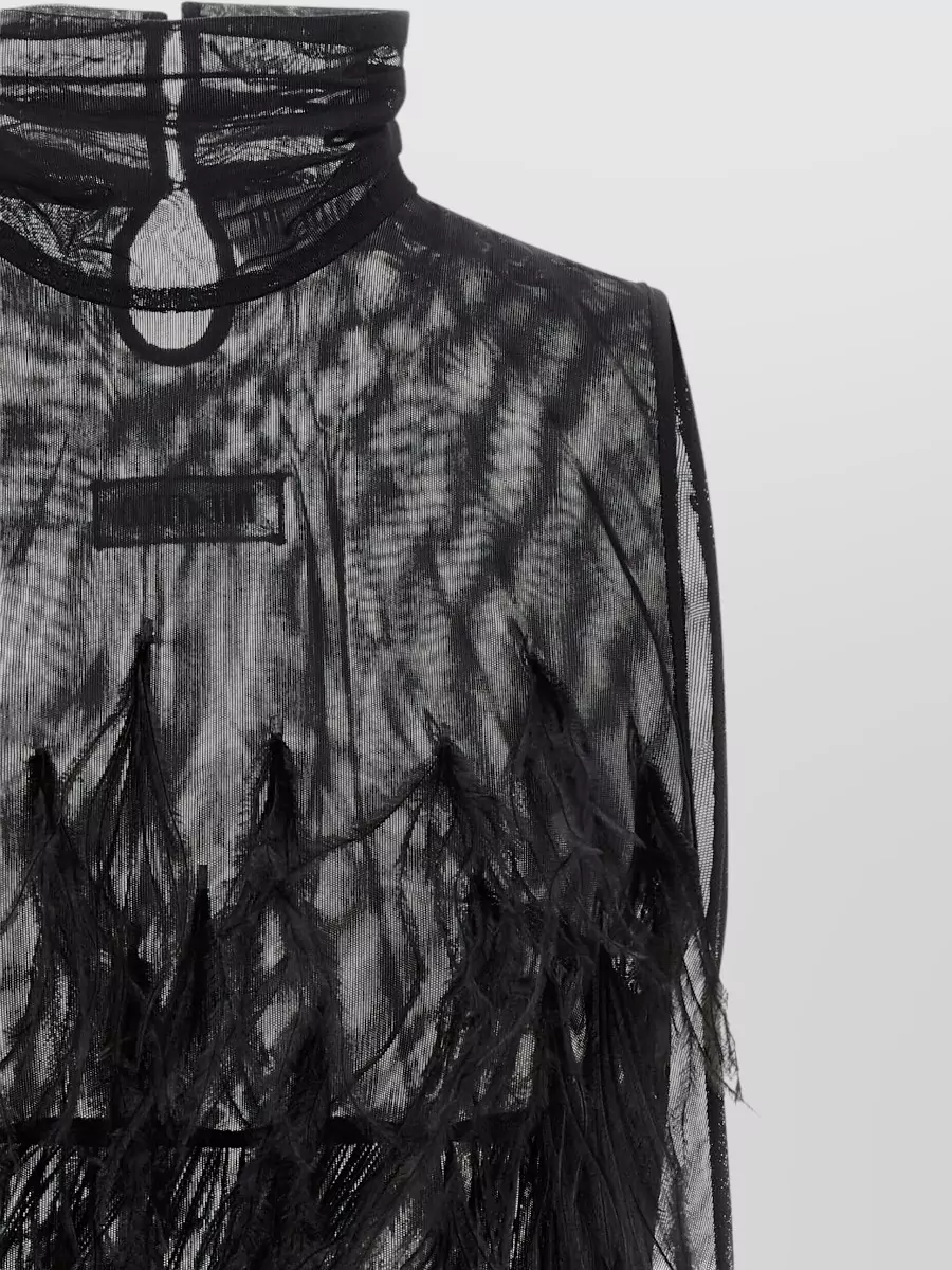 The Attico High Neck Sheer Mini Dress Feather Hem