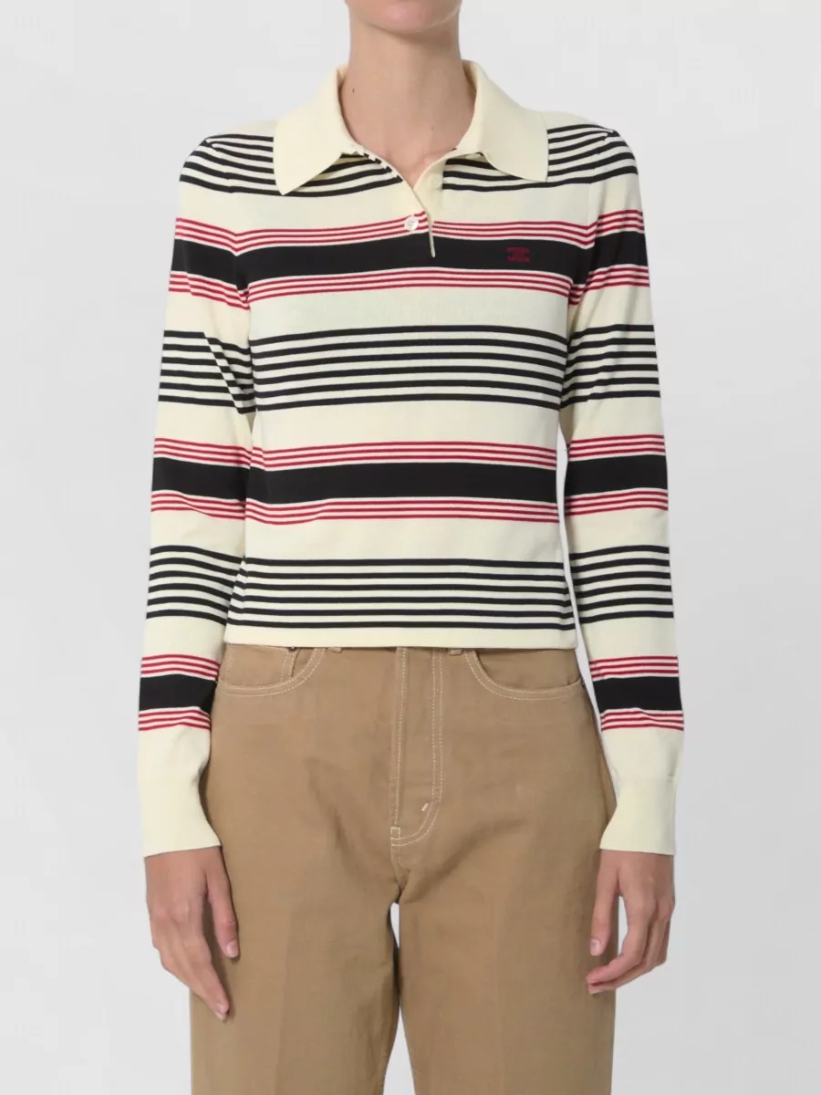 Celine Striped Ribbed Cropped Long-Sleeve Polo Shirt
