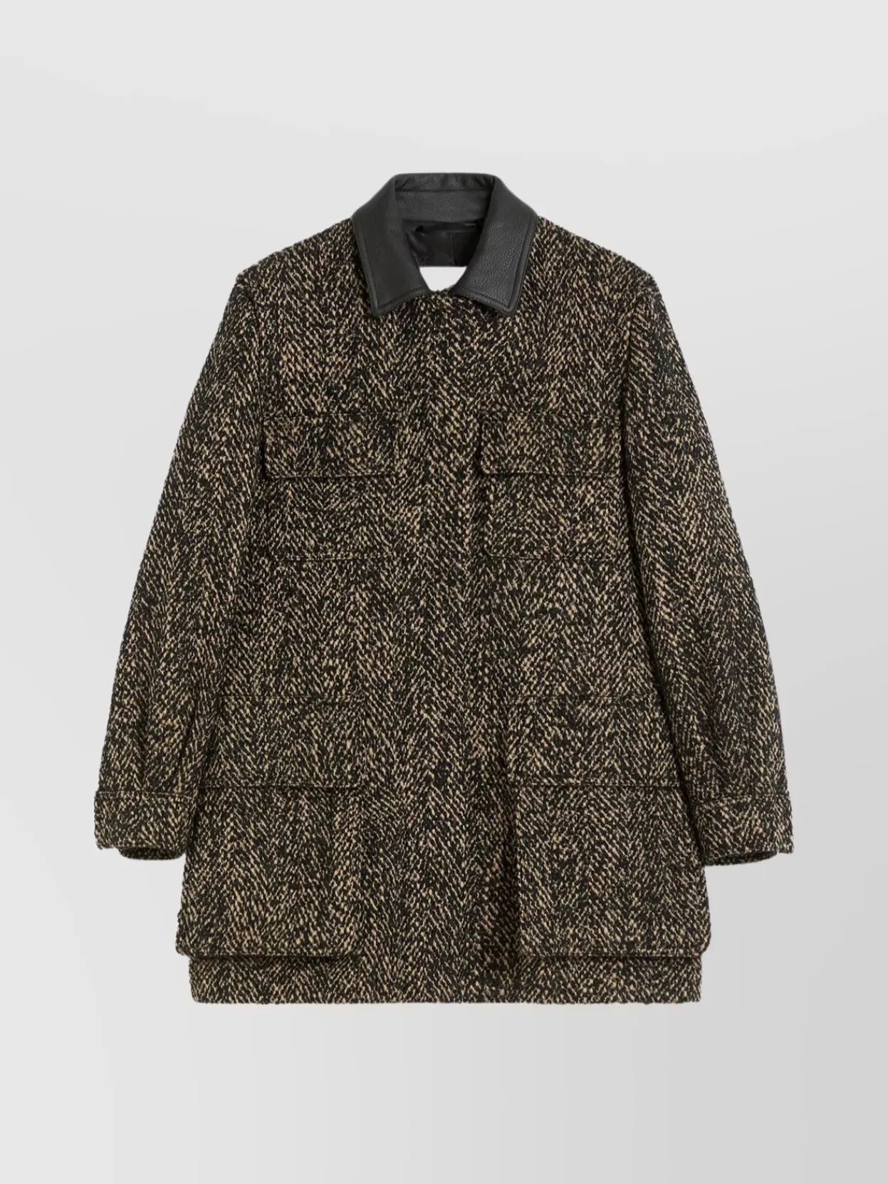 Max Mara Herringbone Pattern Wool Jacket With Leather Collar In Black