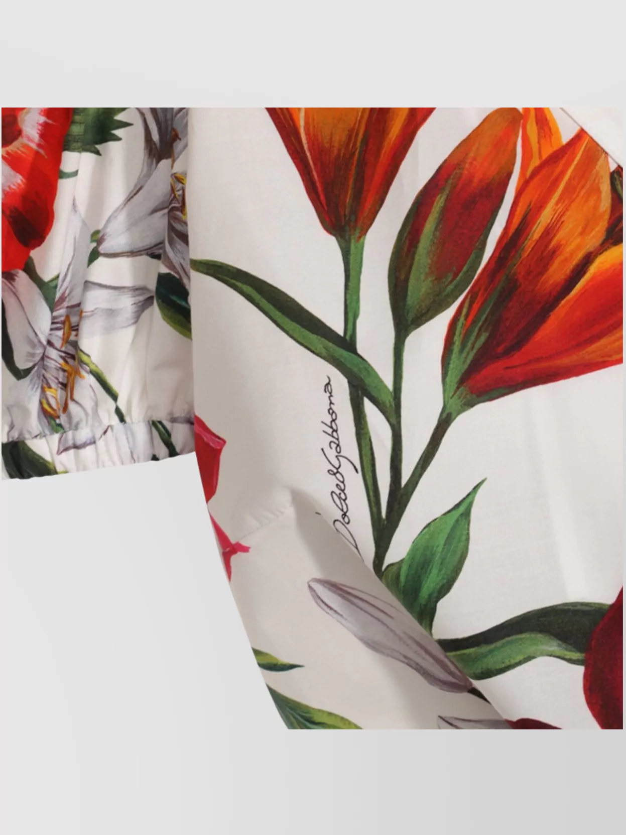 Dolce & Gabbana Anemone Floral Popeline Puff-sleeve Tie Crop Shirt In Multi