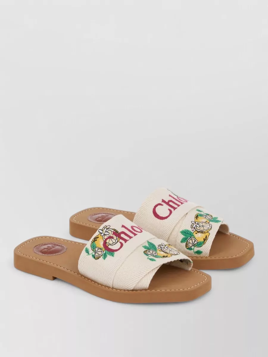 Chloé Linen Ribbons Flat Mules Citrus Embroidery