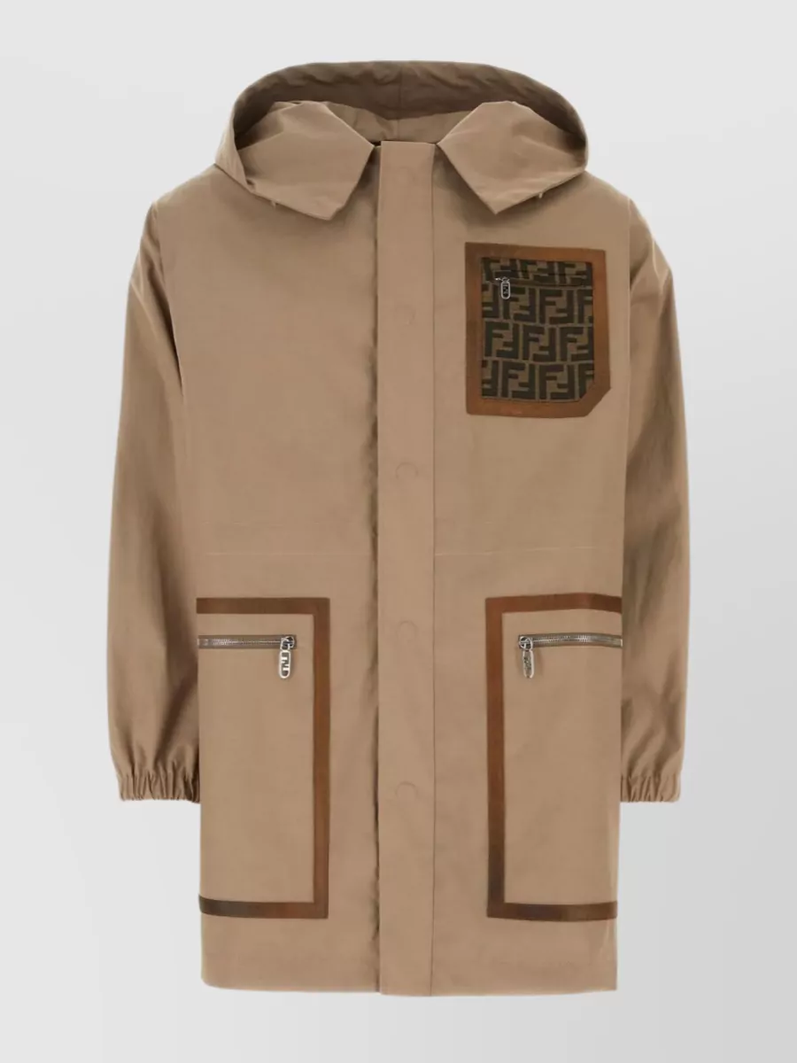 Shop Fendi Cotton Parka With Hood And Zip Pockets In Brown