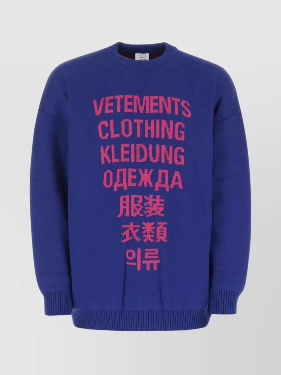 Shop Vetements Merino Wool Oversized Sweater With Multilingual Design In Blue