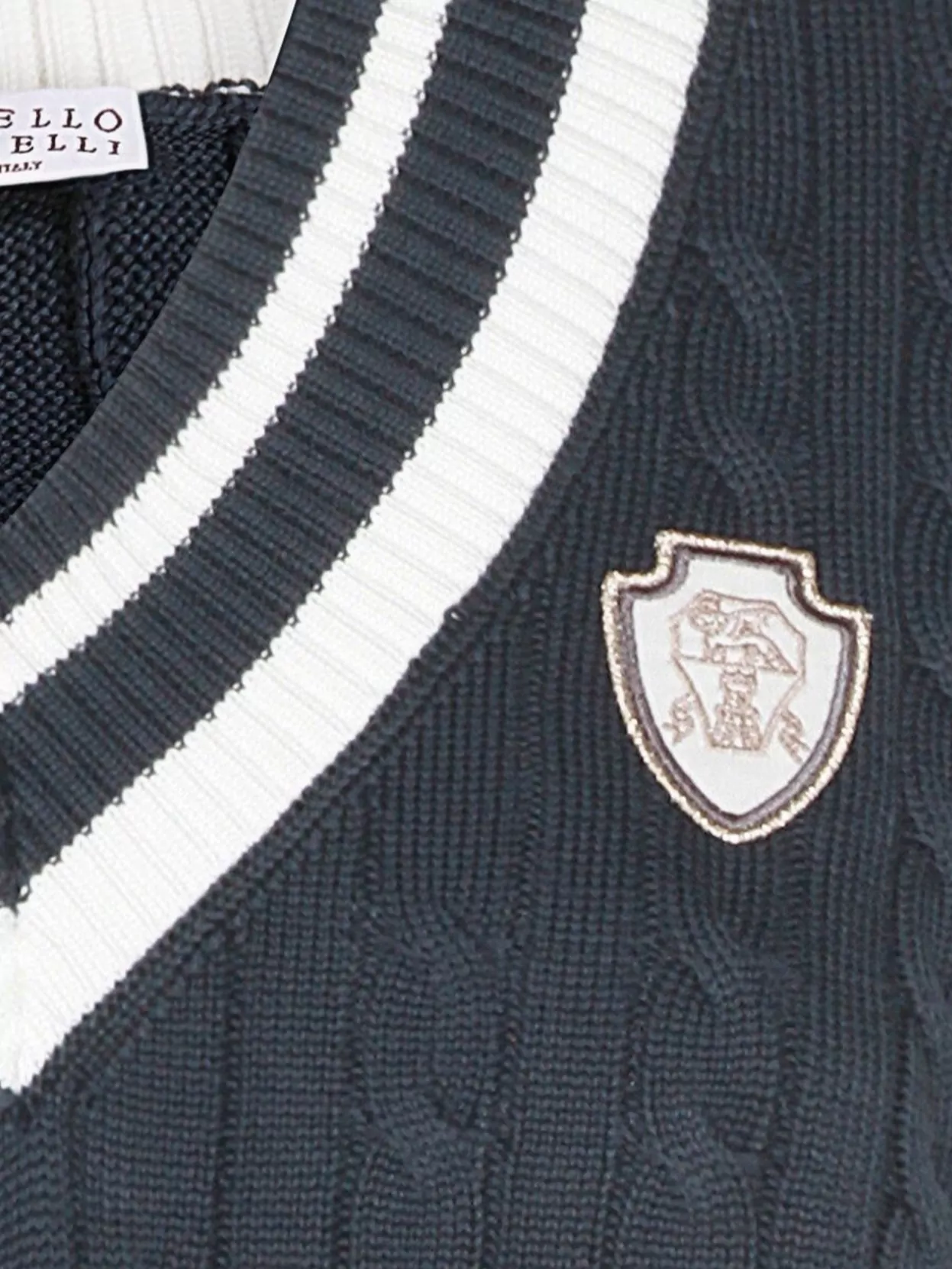 Brunello Cucinelli Cable Knit V-Neck Contrast Trim