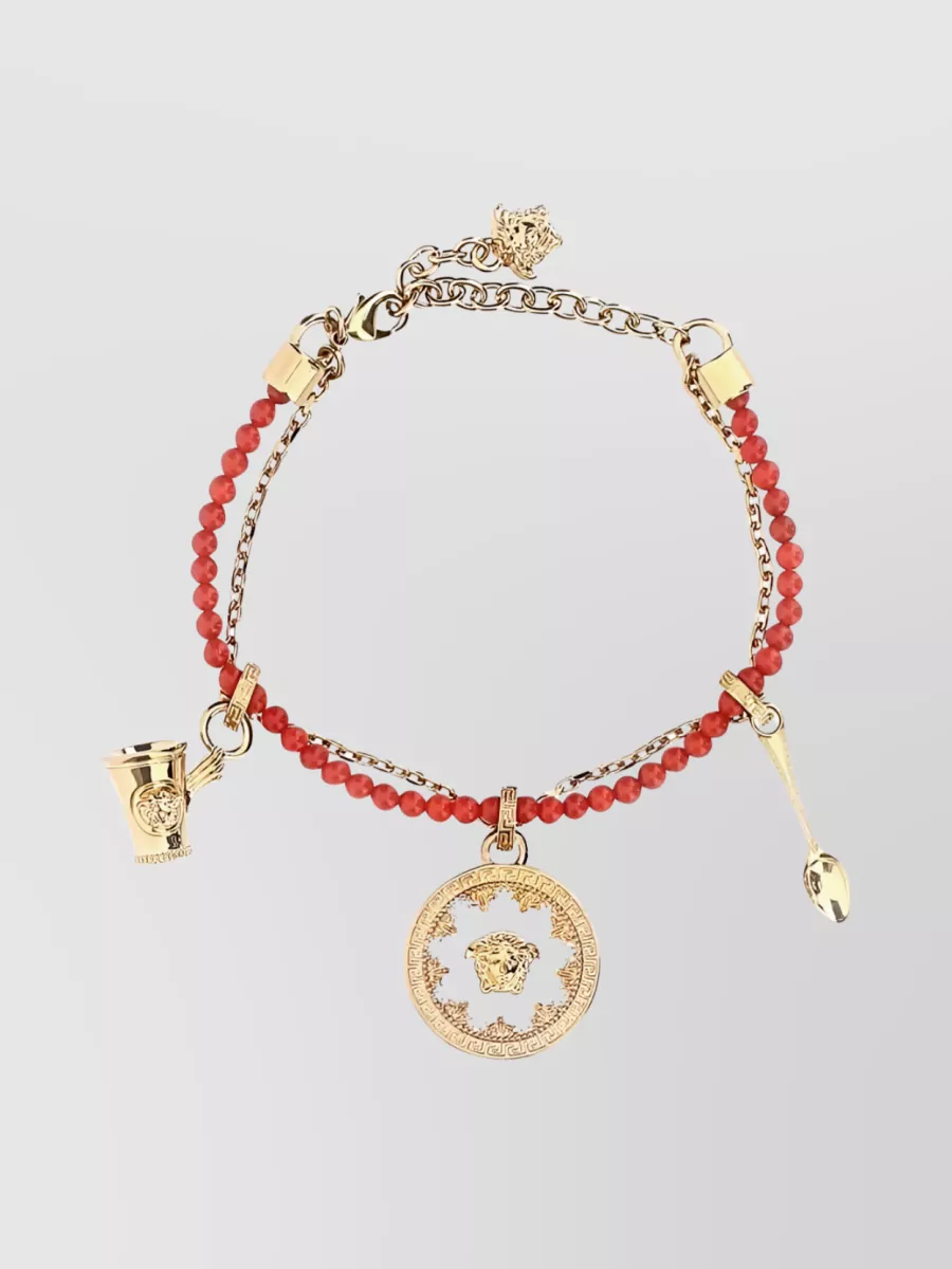 Shop Versace Medusa Beaded Pendants Bracelet Chain In Red
