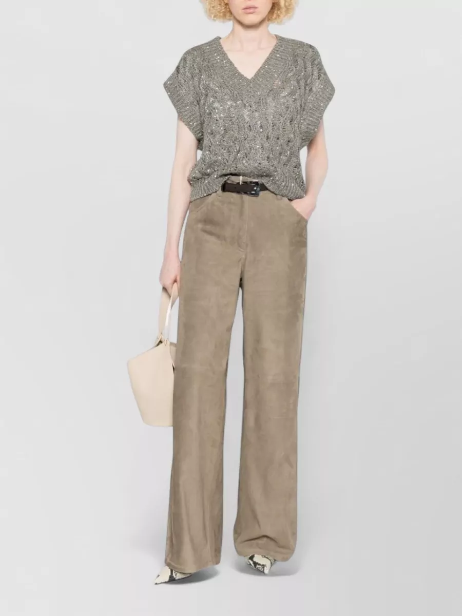 Brunello Cucinelli Leather Paneled Wide-Leg Trousers