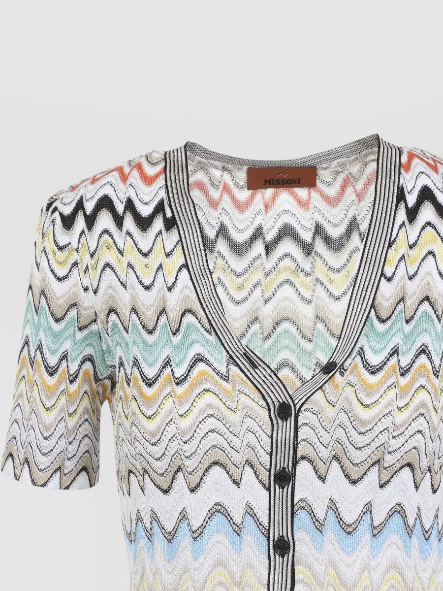Missoni Metallic Zigzag Knit V-Neck Short-Sleeve Top