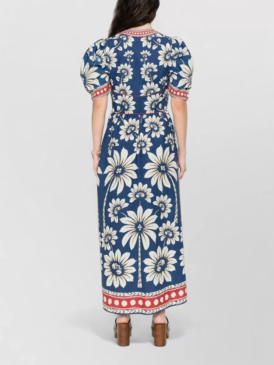 Farm Rio Cotton Floral Print V Neck Short Sleeve Maxi Dress