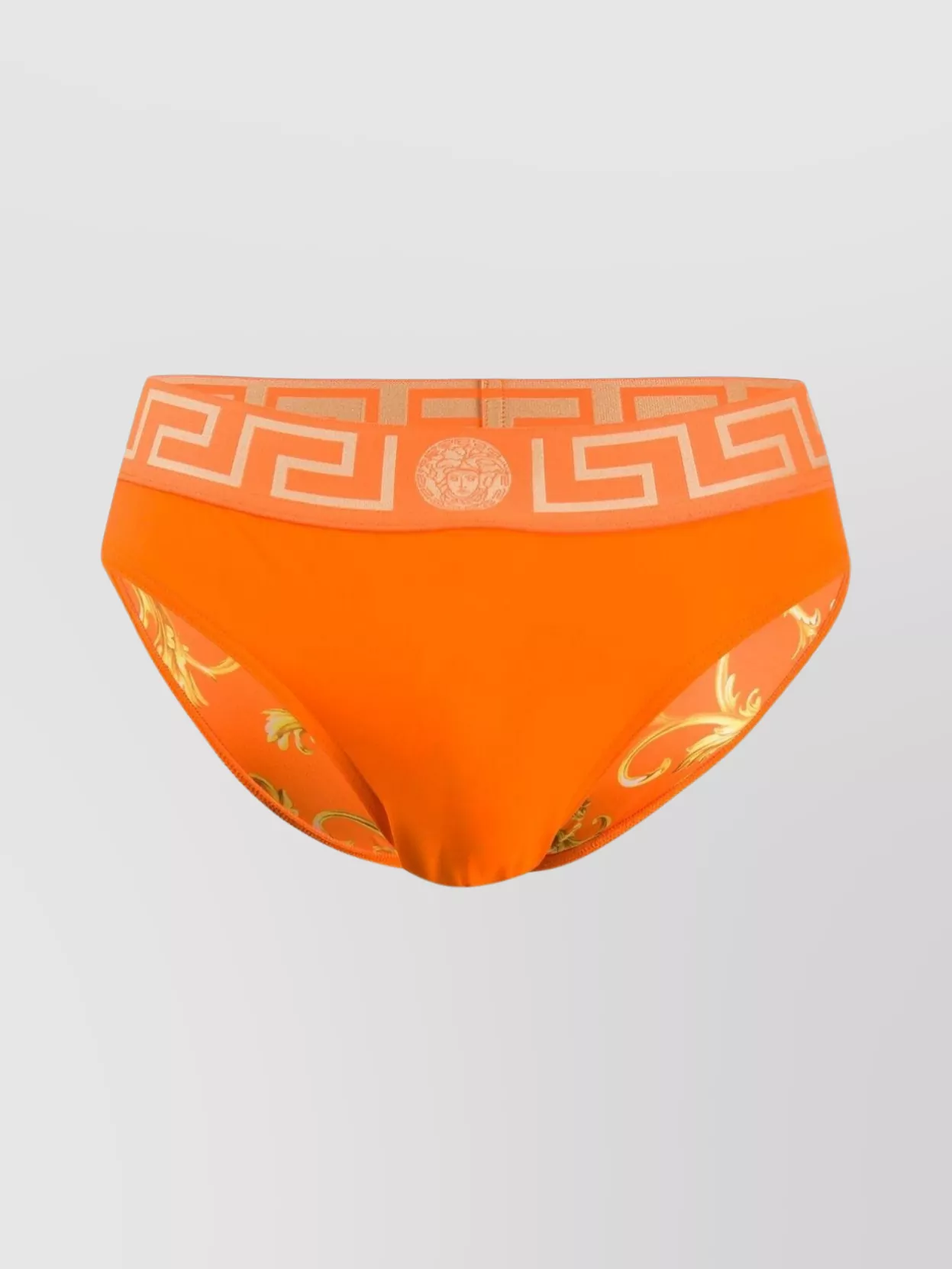 Shop Versace Greca Baroque Print Elastic Waistband Swim Shorts In Orange