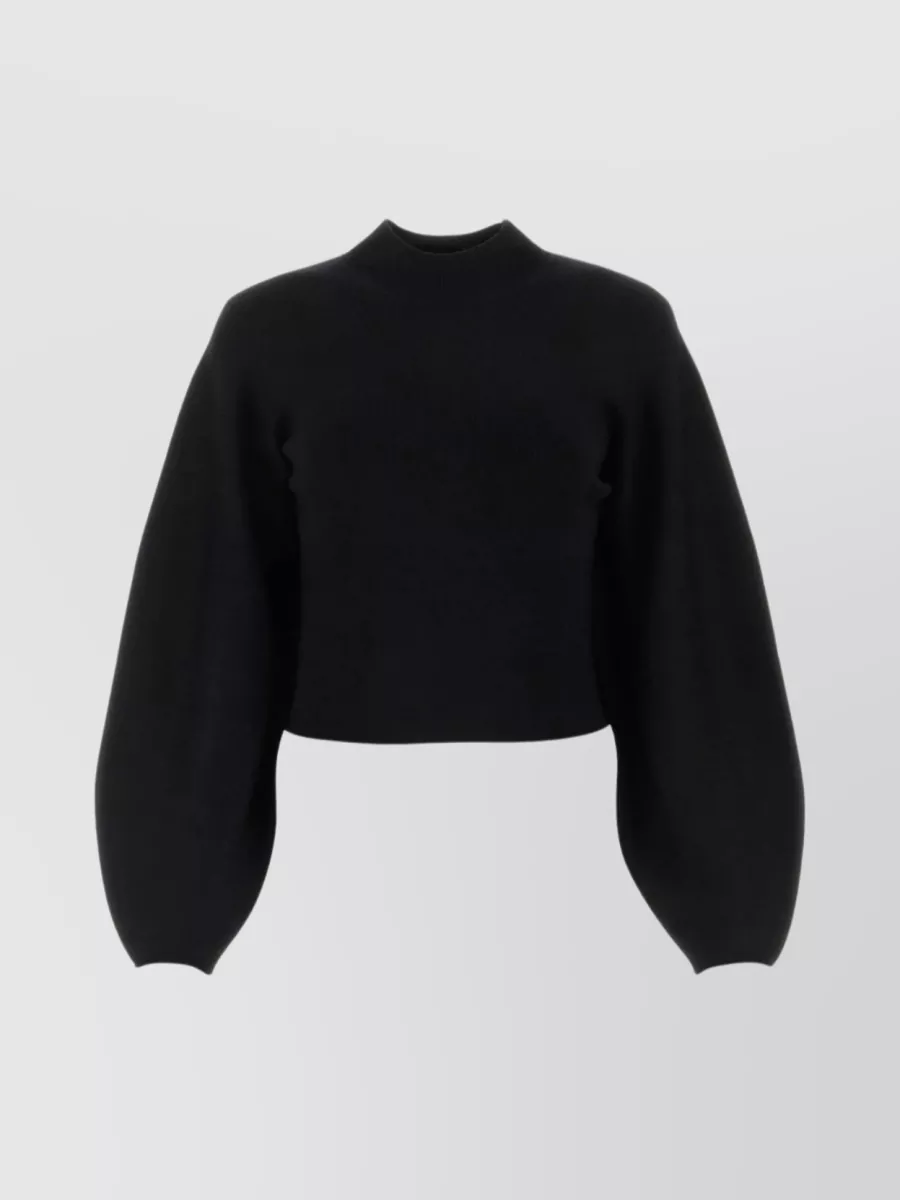 Shop Chloé Woolen Sweater With Cropped Cut And Puffed Sleeves In Black