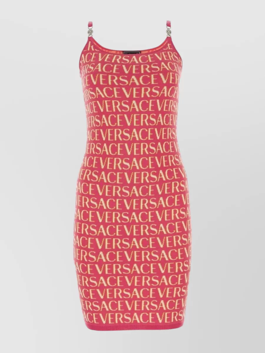Shop Versace Intricately Embroidered Knit Mini Dress In Red