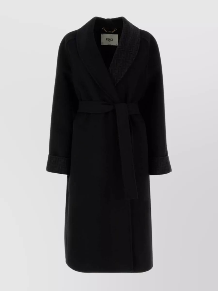 Shop Fendi Waist Belted Wool Blend Coat In Black