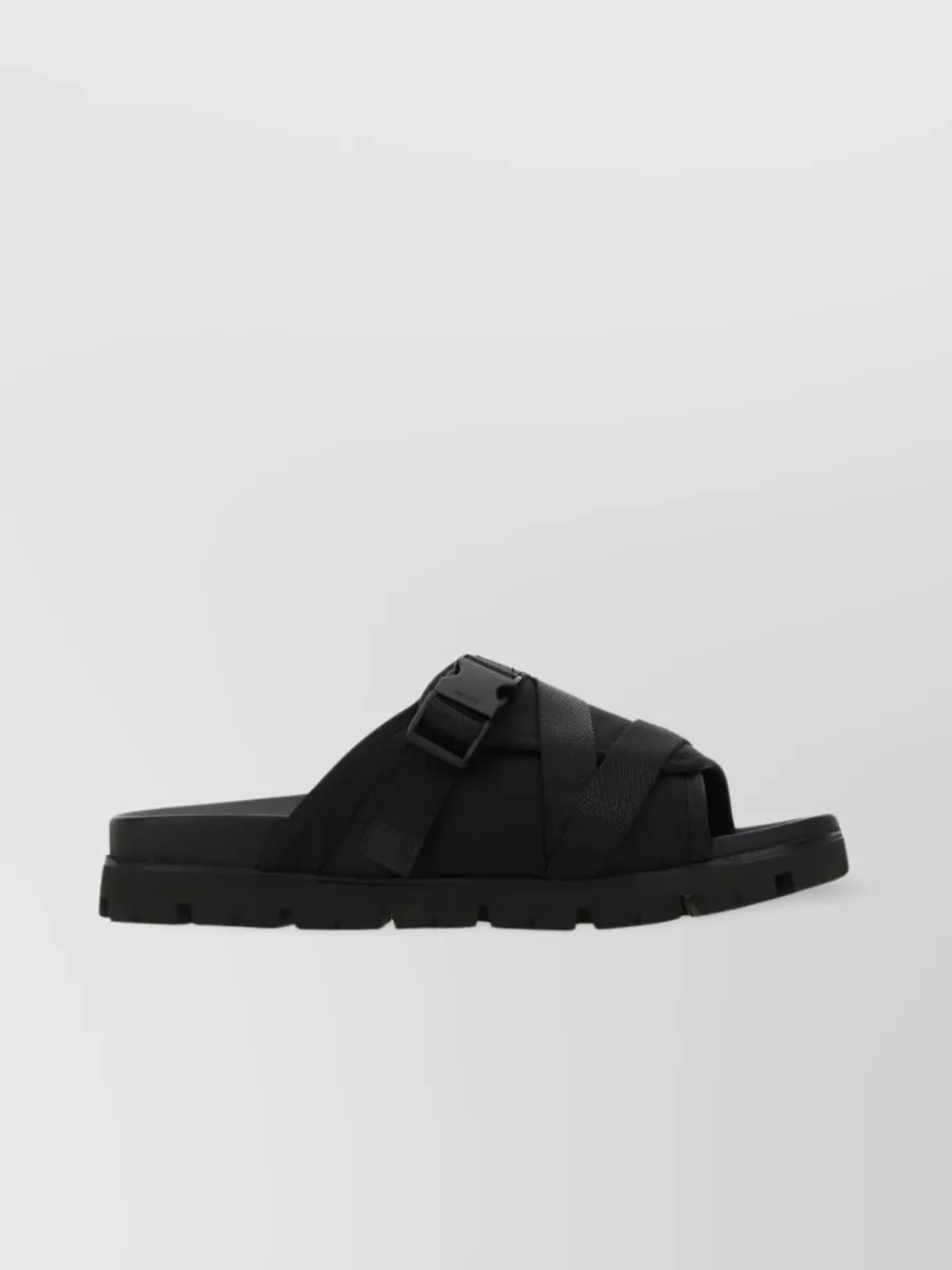 Shop Prada Breezy Open Toe Flat Slippers In Black