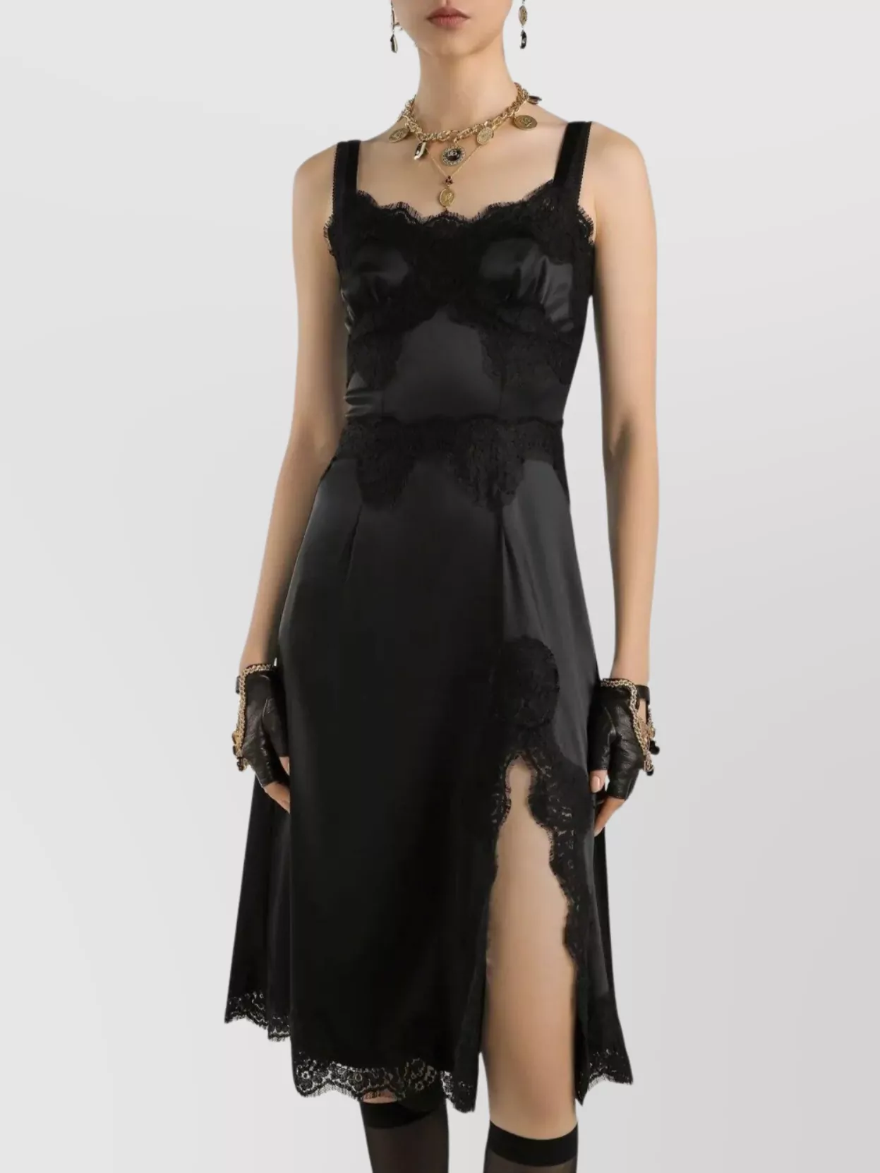 Dolce & Gabbana Lace Trim Satin Dress With Spaghetti Straps In Black