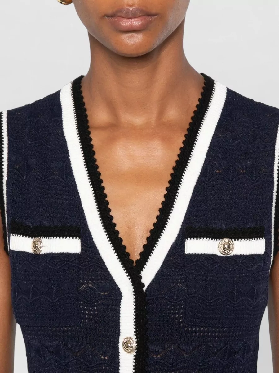 Self-Portrait Pointelle Knit Sleeveless V-Neck Peplum Mini Dress