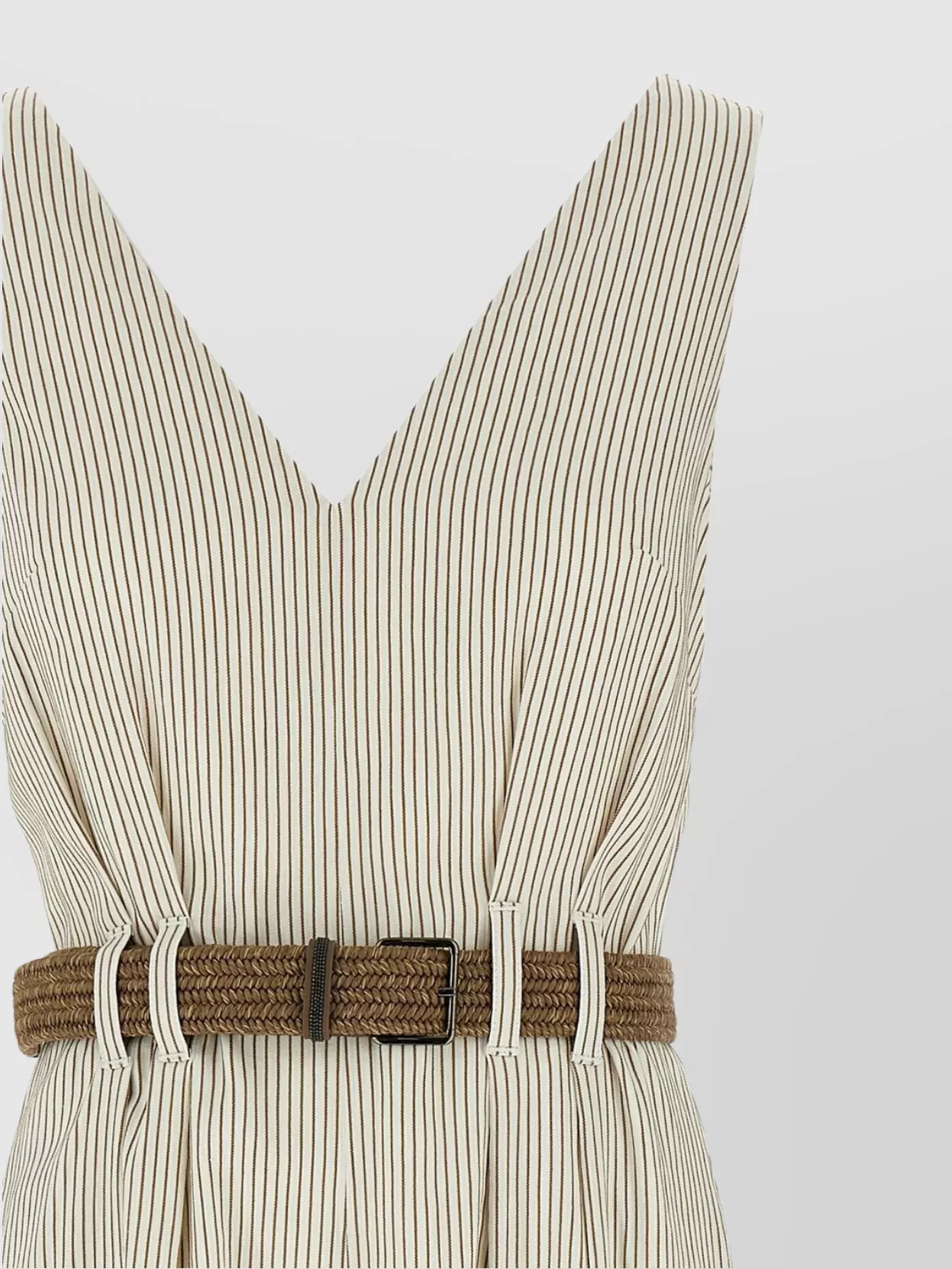 Brunello Cucinelli Shoulder Detail Pleated Striped Belted Dress