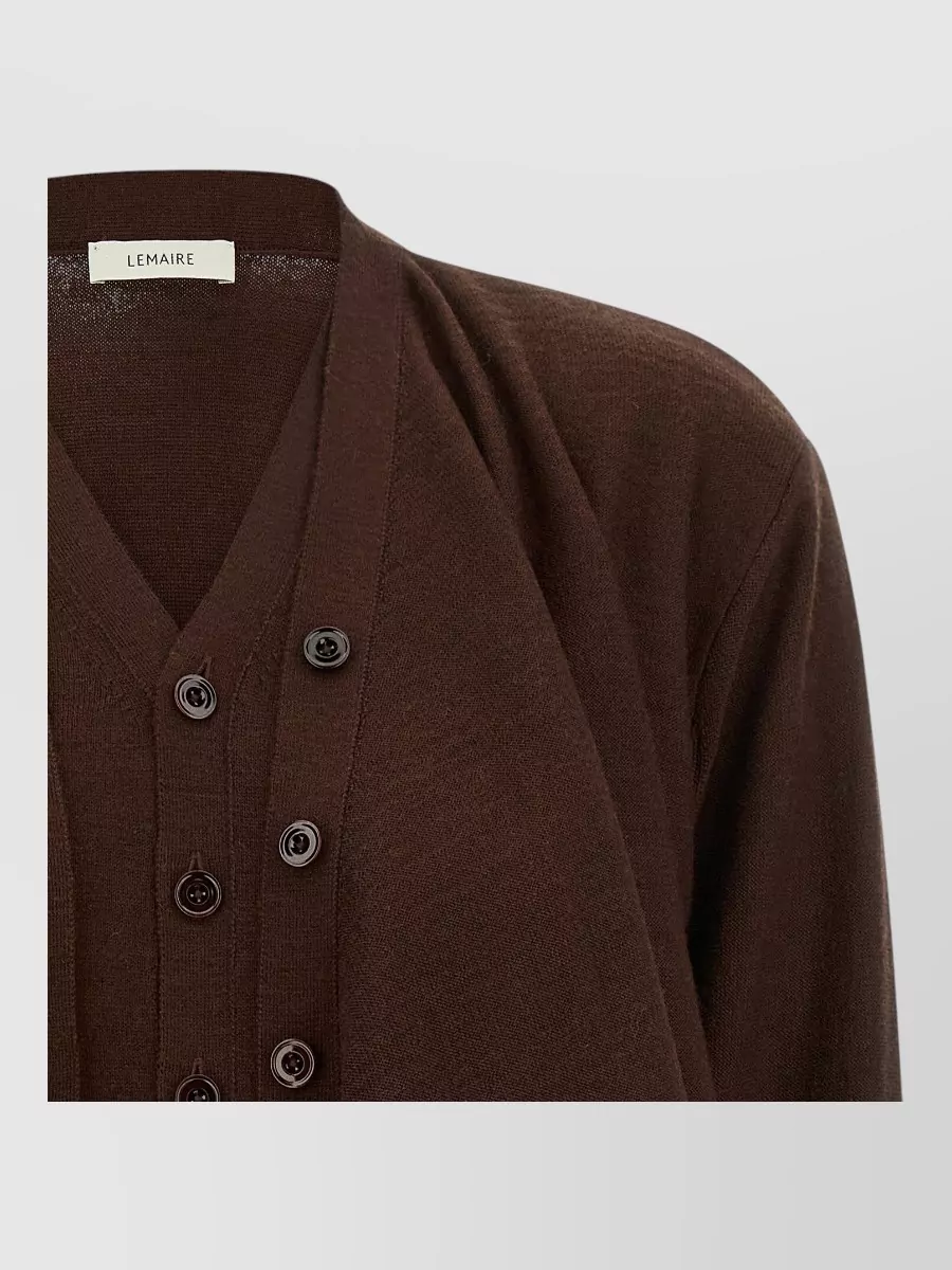 Lemaire Wool V-Neck Draped Ribbed Cardigan