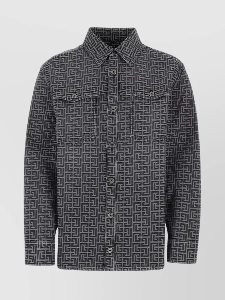 Shop Balmain Intricately Embroidered Denim Shirt In Grey