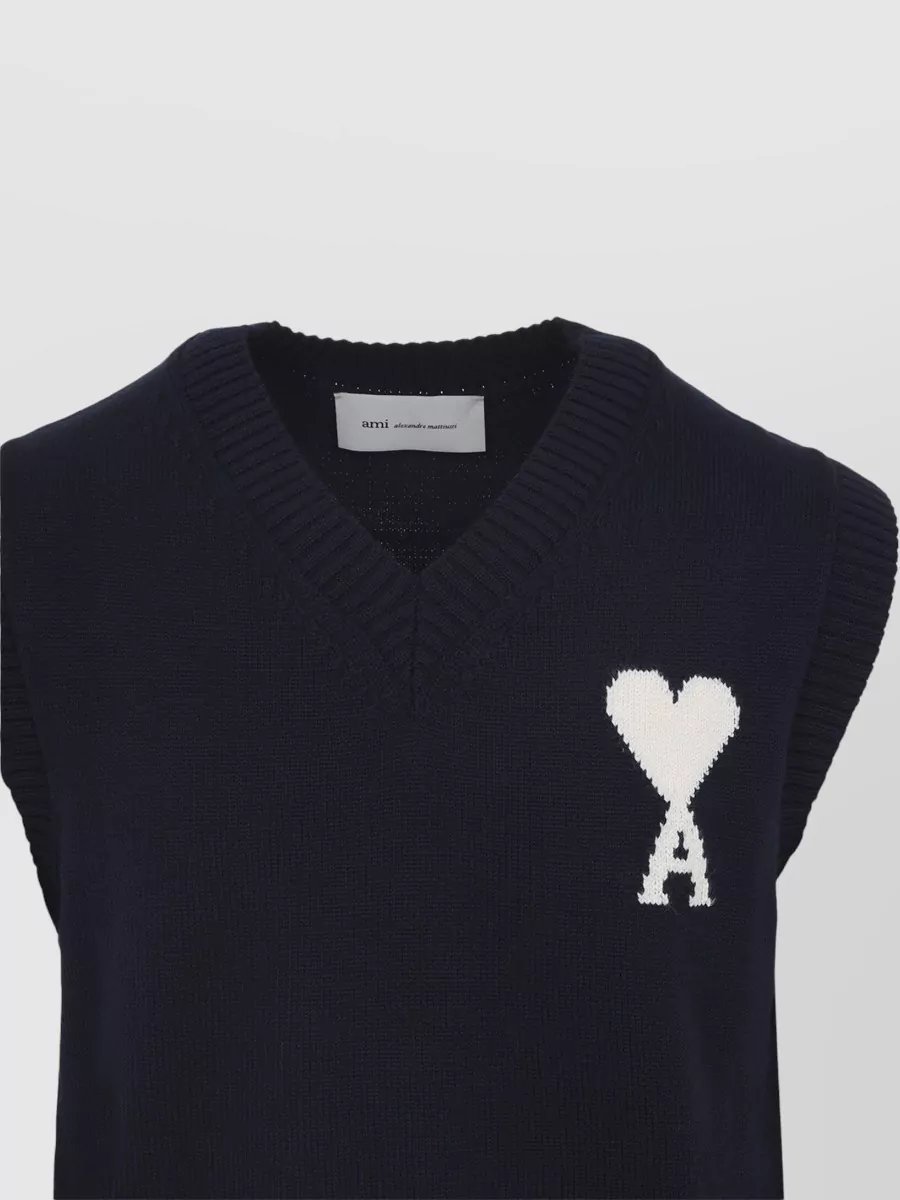 Ami Paris V Neck Knitted Sleeveless Sweater Ribbed Hem