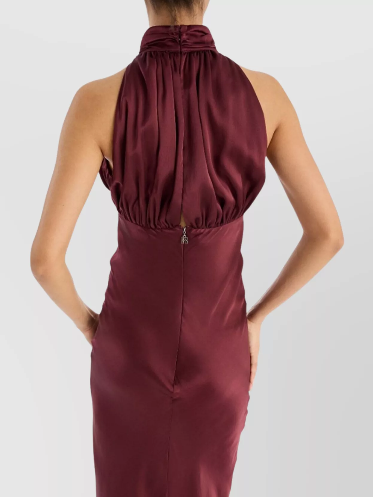 Rotate Silk Sleeveless Gathered Halterneck Maxi Gown