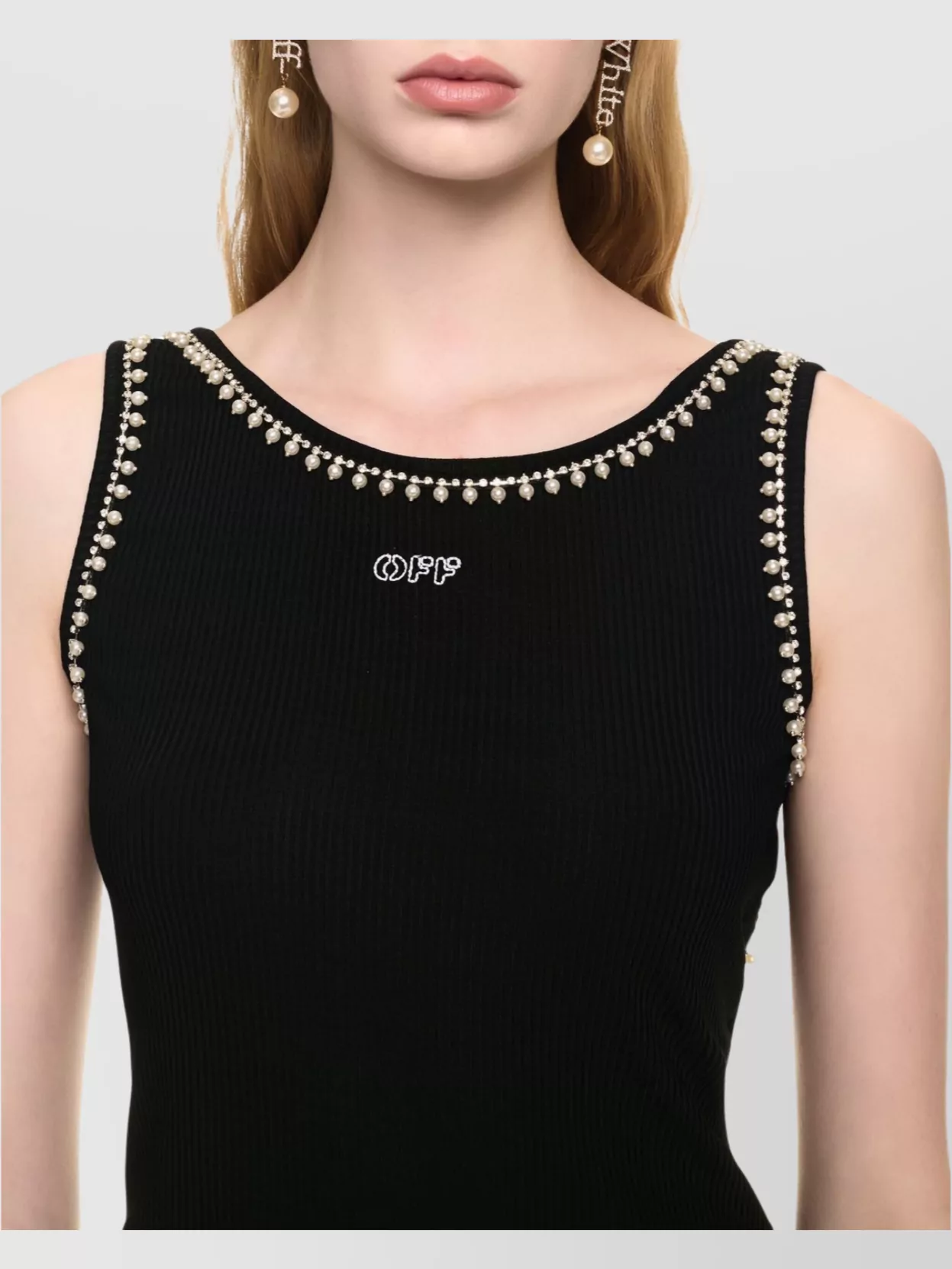 Off-white Pearl Embellished Ribbed Tank Top