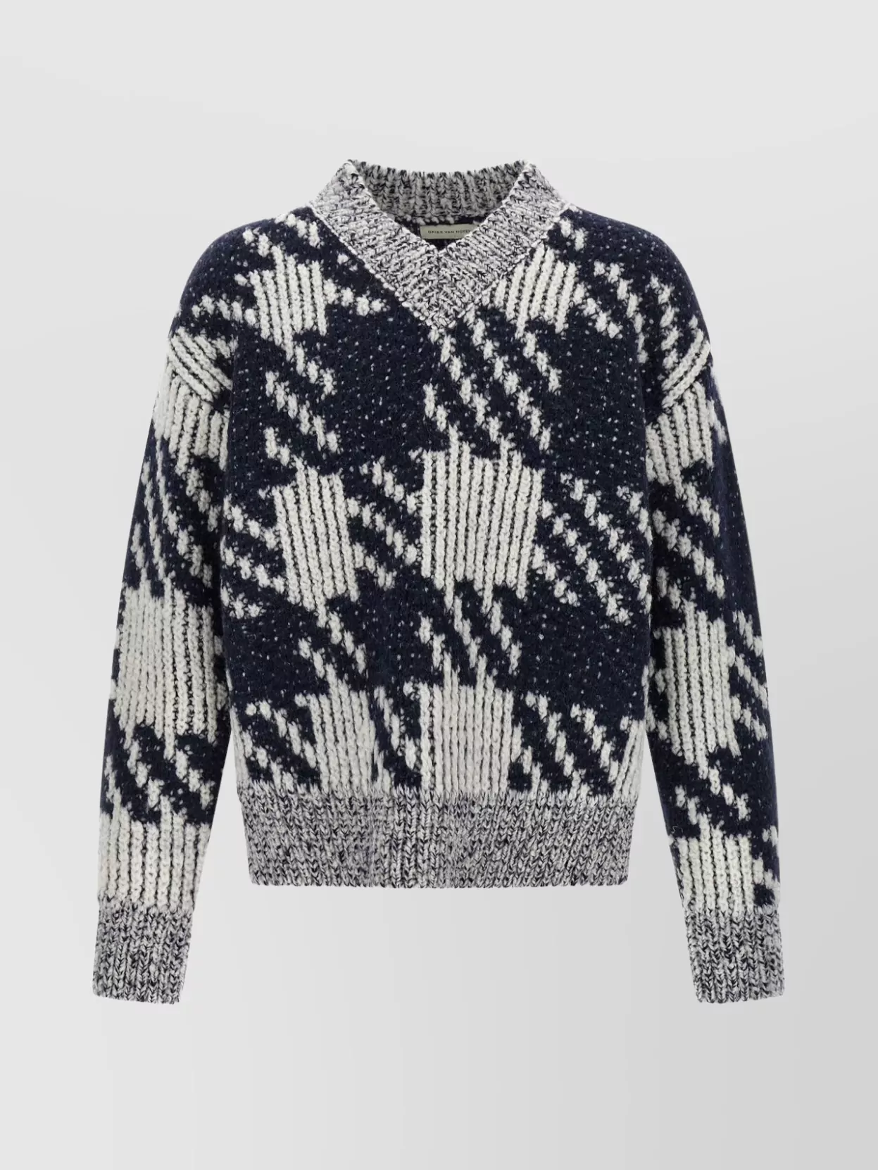 Dries Van Noten Chunky Knit V Neck Sweater With Textured Pattern In Gray