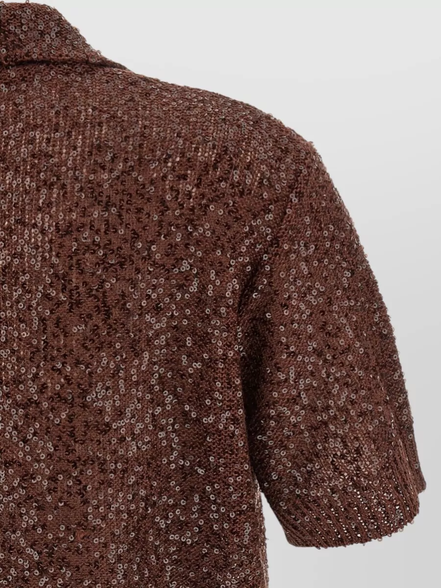 Brunello Cucinelli Linen Cashmere Silk Sequined Cropped Short-Sleeve Polo Top