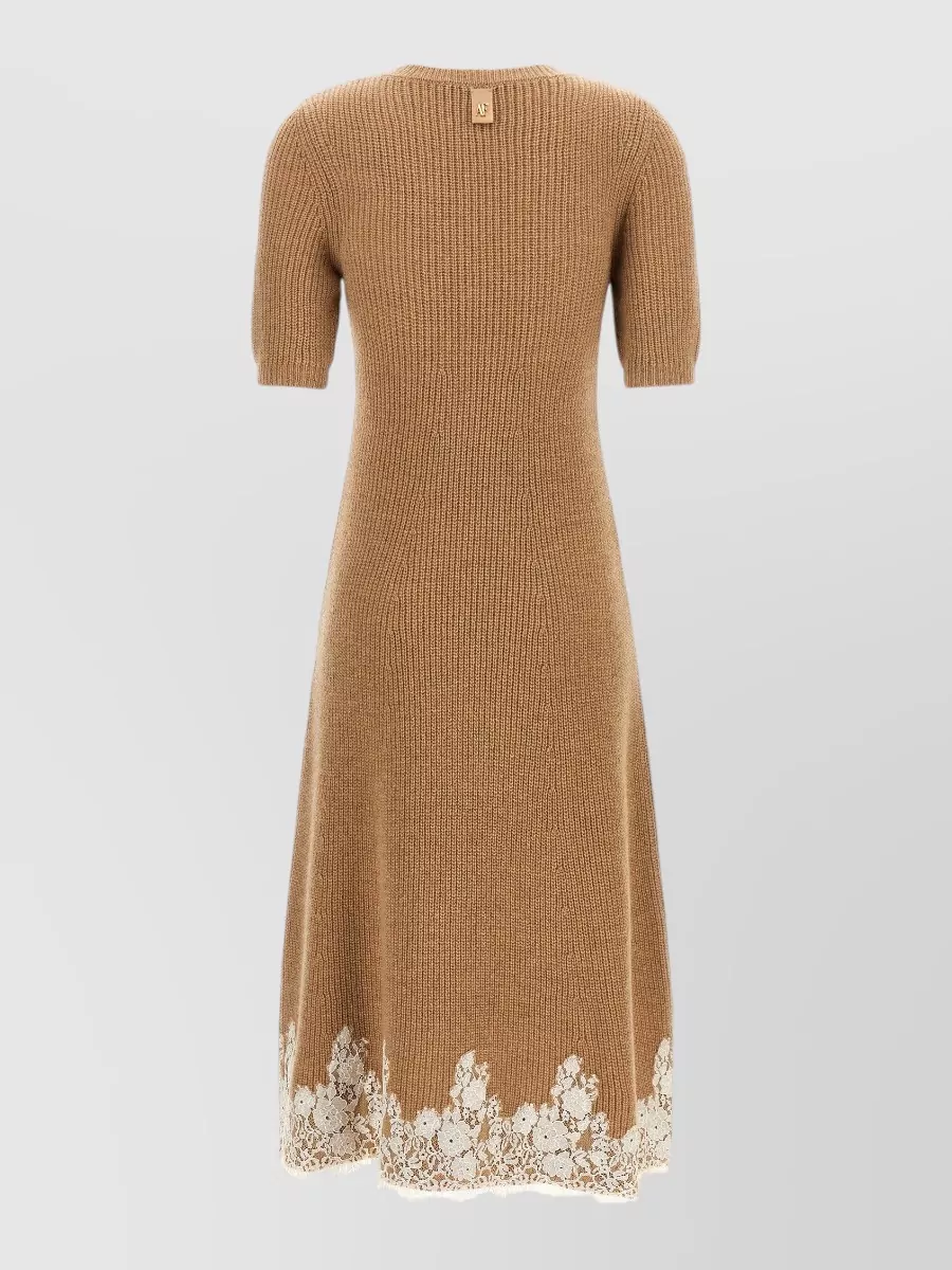 Alberta Ferretti Cashmere Camel Hair Ribbed Knit Short Sleeve Midi Dress