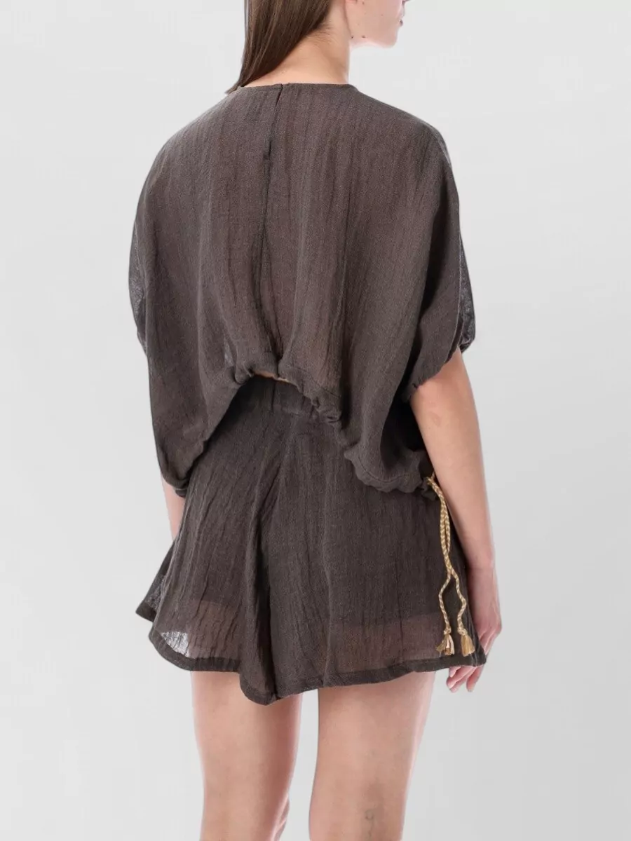120% Lino Linen Crinkled Cropped Short-Sleeve Blouse