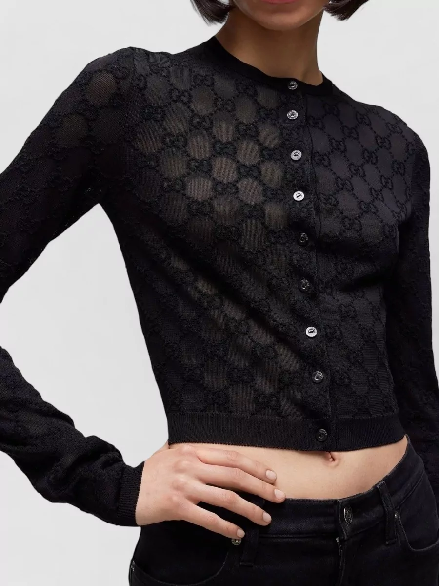 Gucci Viscose Crepe Gg Monogram Ribbed Crewneck Cardigan
