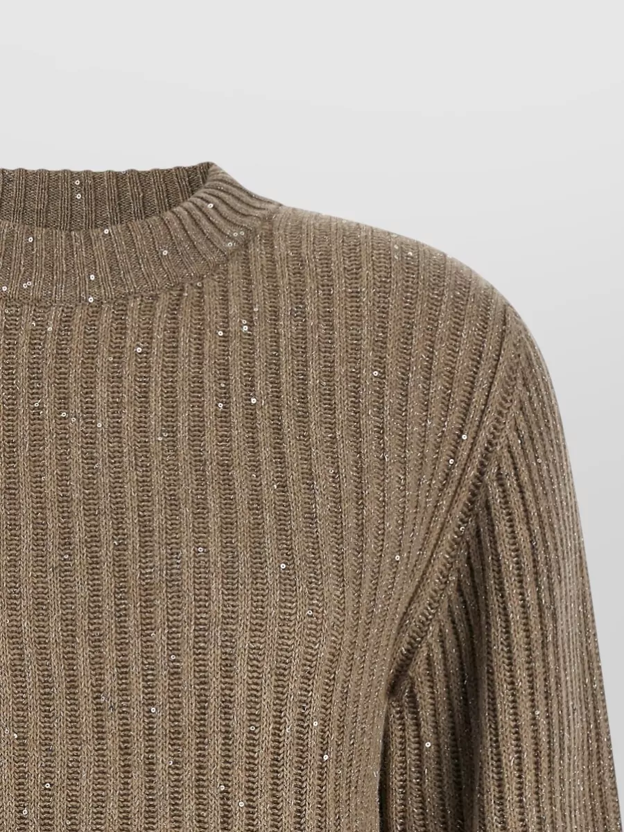Brunello Cucinelli Cashmere Wool Blend Ribbed Crew Neck Long Sleeve Sweatshirt