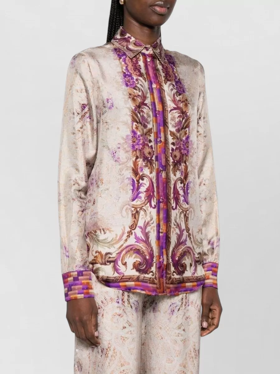 Pierre Louise Mascia Silk Shirt Floral Print Curved Hem Cuffs