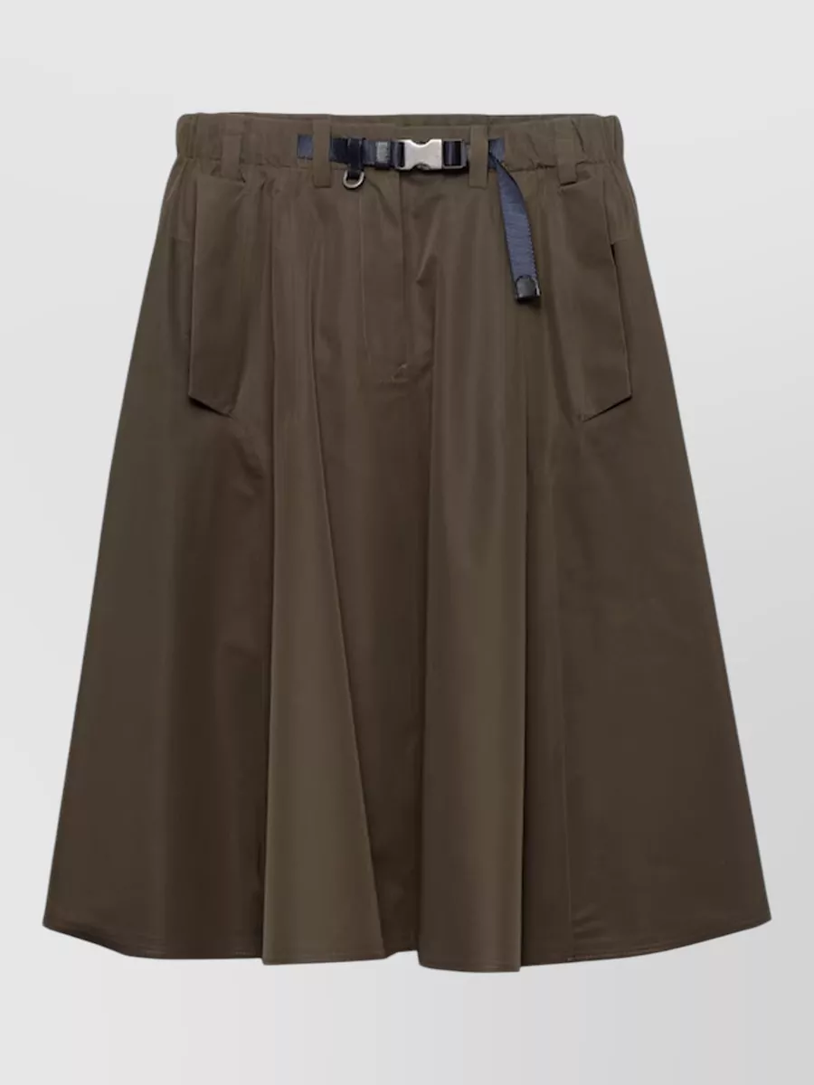 Prada Midi A-line Skirt With Belt And Pockets In Green