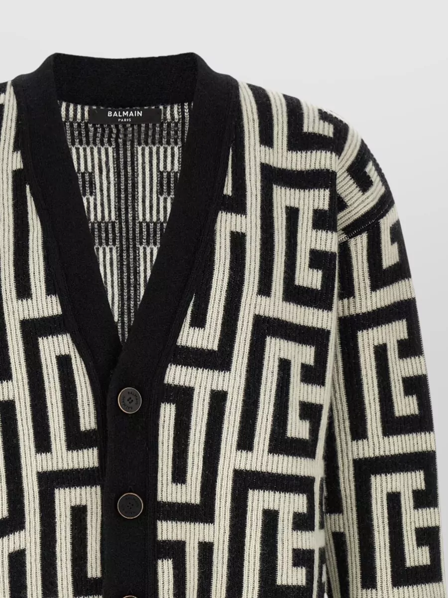 Balmain Cashmere Merino Wool Monogram V-Neck Cardigan