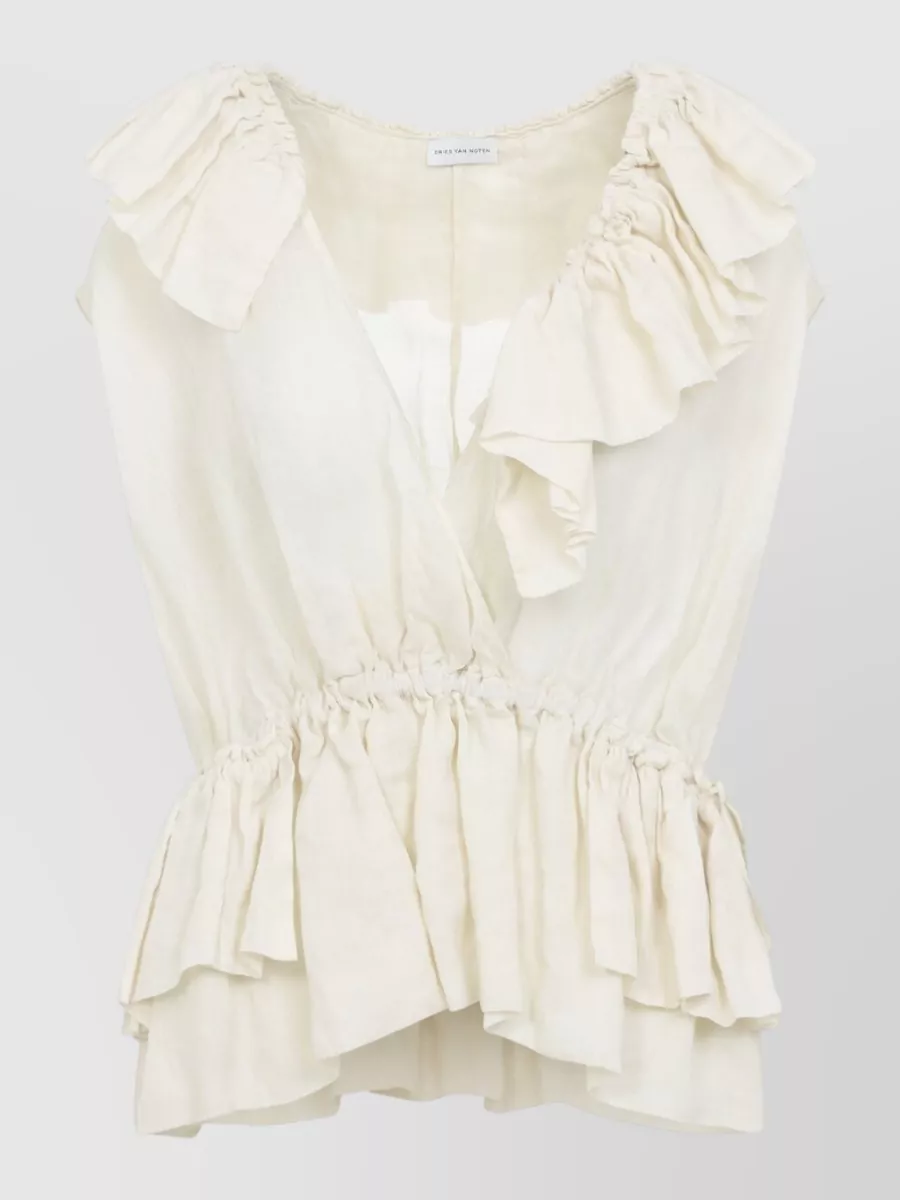 Dries Van Noten Ramie V-Neck Ruffled Sleeveless Asymmetric Blouse